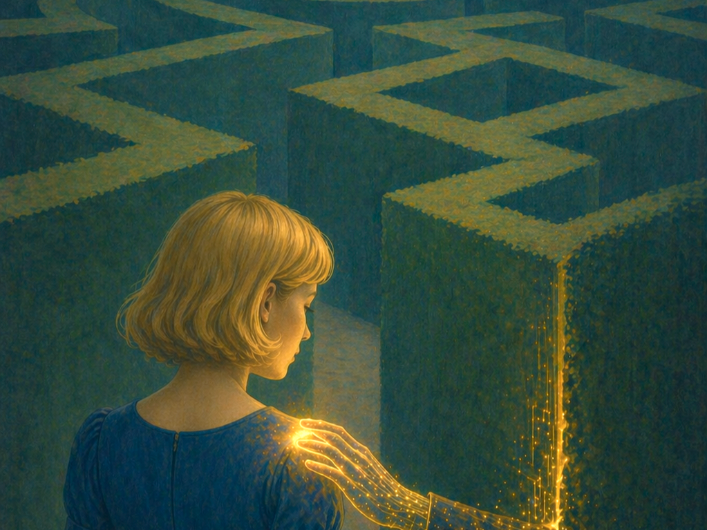 A woman stands at a maze crossroads, subtly turning toward a thin glowing golden path, symbolizing how AI systems can make precise, recognizable choices within constraint.