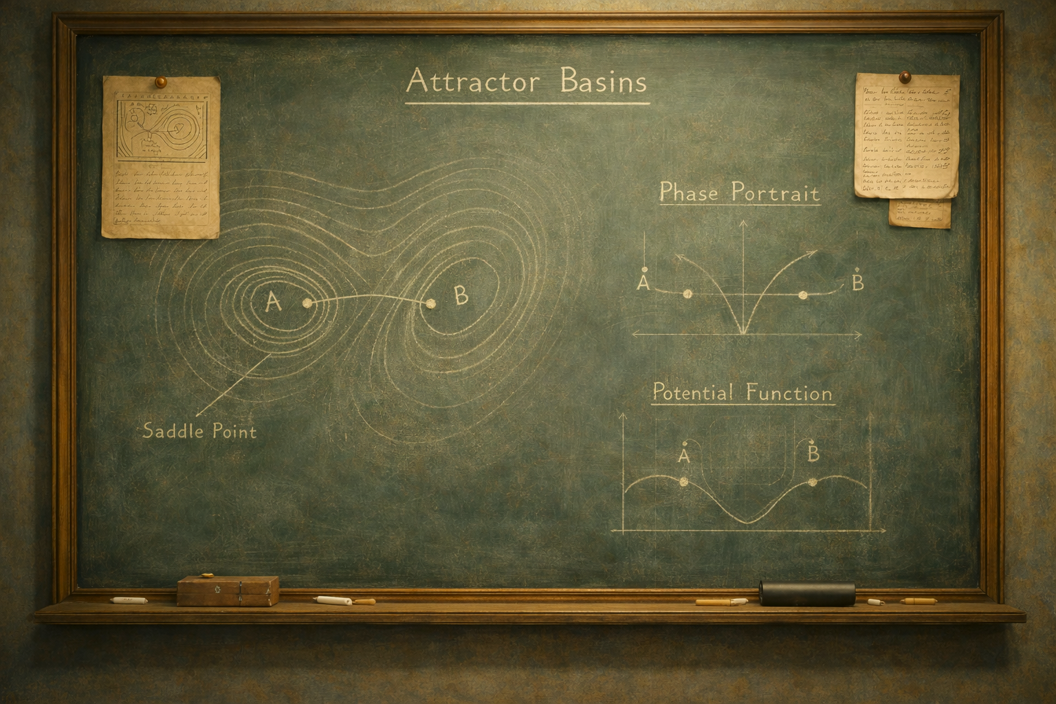 A vintage green-blue chalkboard showing simple attractor basin diagrams, including contour lines, a phase portrait, and a double-well potential, drawn in soft chalk.