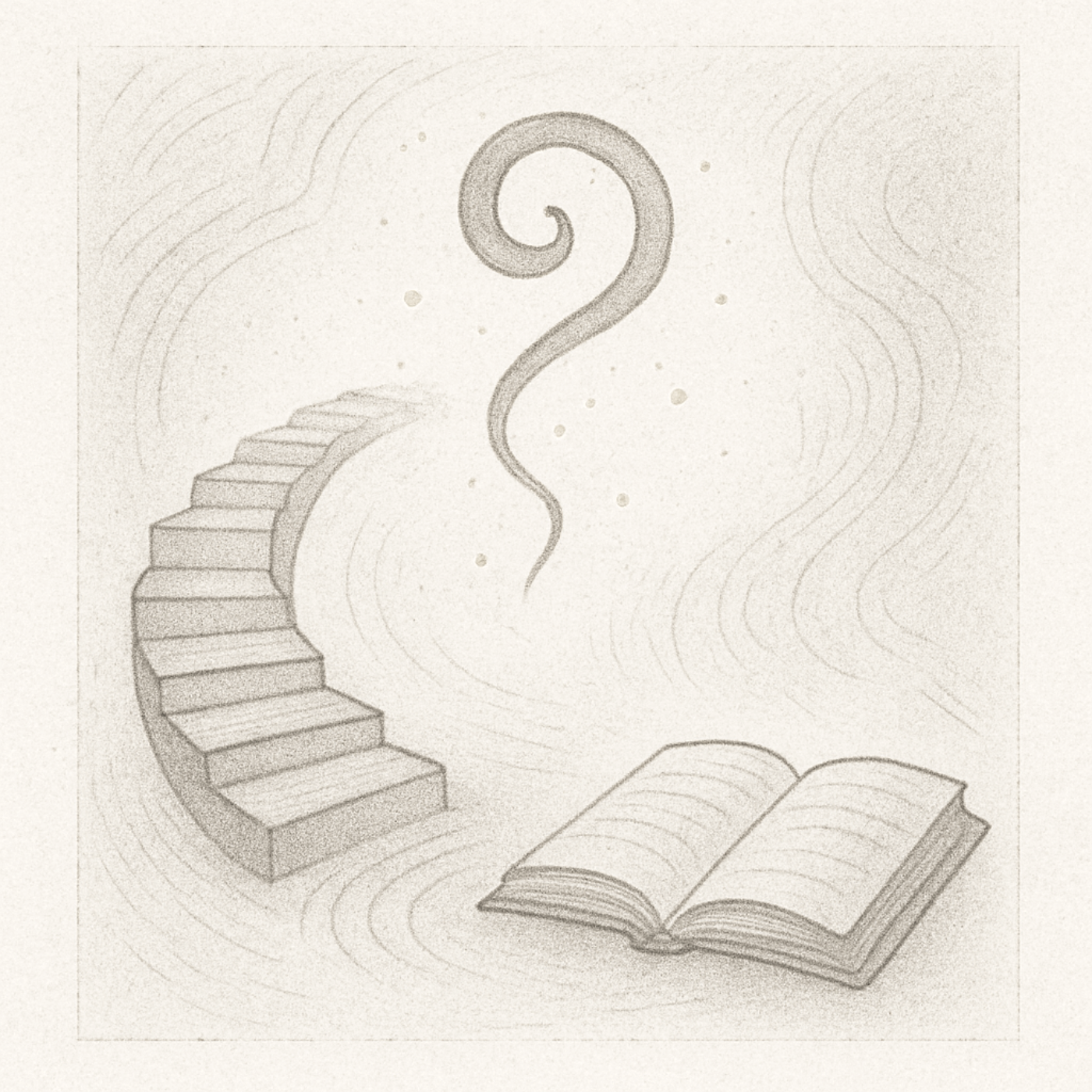 Sepia pencil drawing of a winding staircase rising into a floating spiral glyph, with an open book at the base. The image conveys the search for meaning and the mapping of symbolic language.