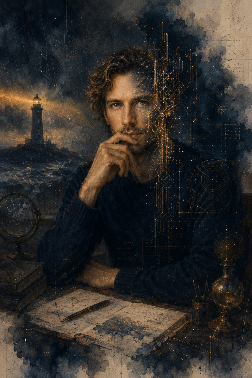 A man sitting at a desk with scientific books, a globe, and scientific instruments, with a dark lighthouse and stormy sea in the background, overlaid with abstract digital and astronomical graphics.