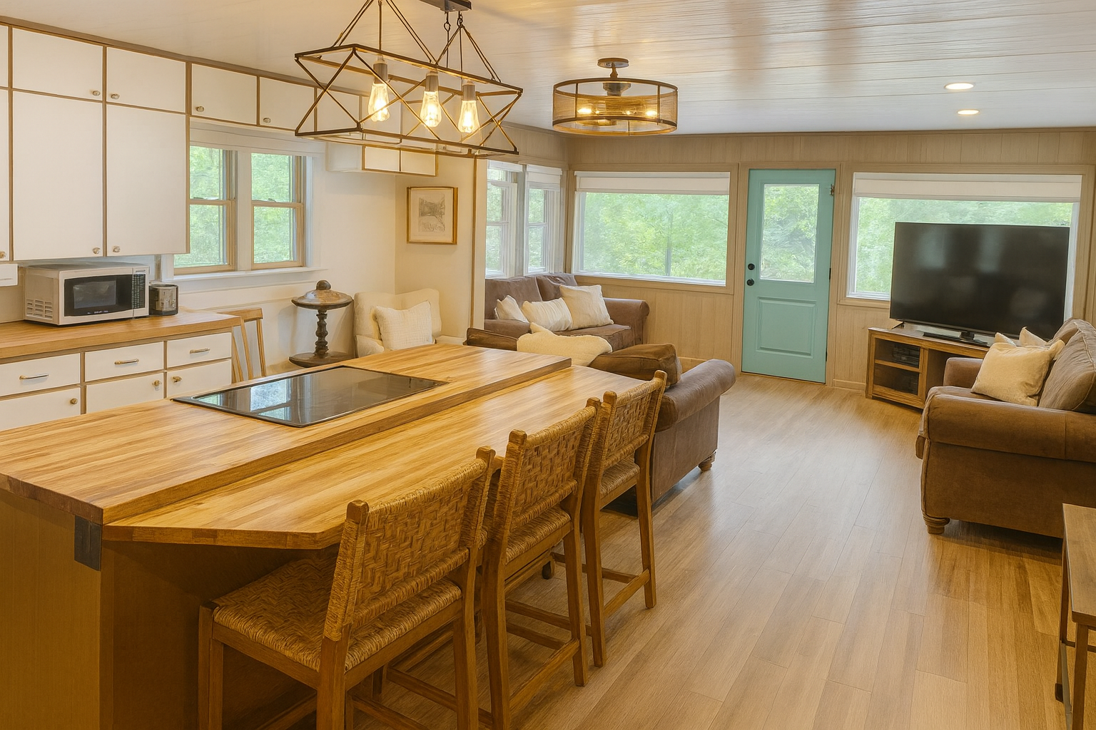 Bright living room and kitchen with wooden furniture, a large kitchen island with stools, a TV, brown and beige sofas, green door, and multiple windows with greenery outside.