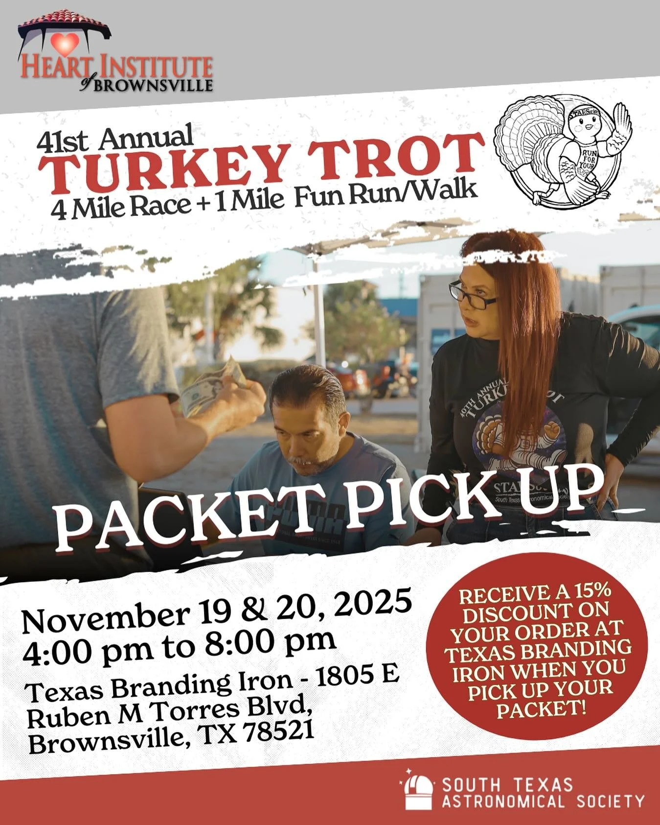 Get ready for packet pick up for the 41st Annual Turkey Trot! Stop by Texas Branding Iron in Brownsville on Thursday Nov 19 and Friday Nov 20 between 4PM and 8PM to pick up your race packets! Choose any date which works for you, and get 15% off of yo