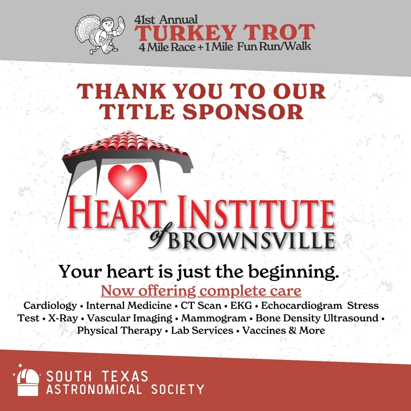 Thank you to our wonderful sponsors who made the 41st Annual Turkey Trot a success - with their help, we were able to put on an amazing event and raise money for our STEM scholarship! Keep an eye out for our event photos, which will be posted on our 