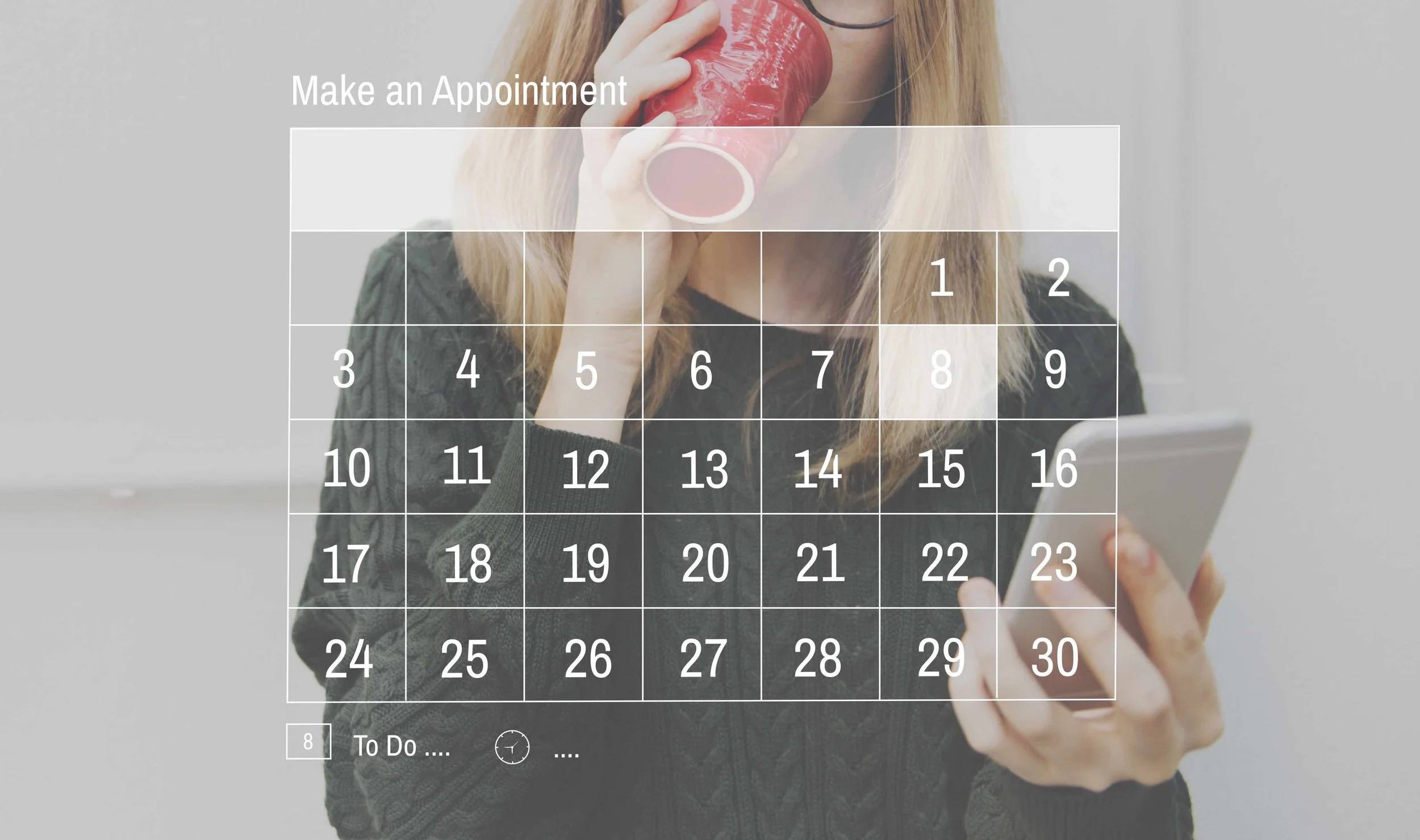 A person with long blonde hair drinking from a red travel mug while holding a tablet, with a transparent overlay calendar titled 'Make an Appointment' covering part of the person's upper body.