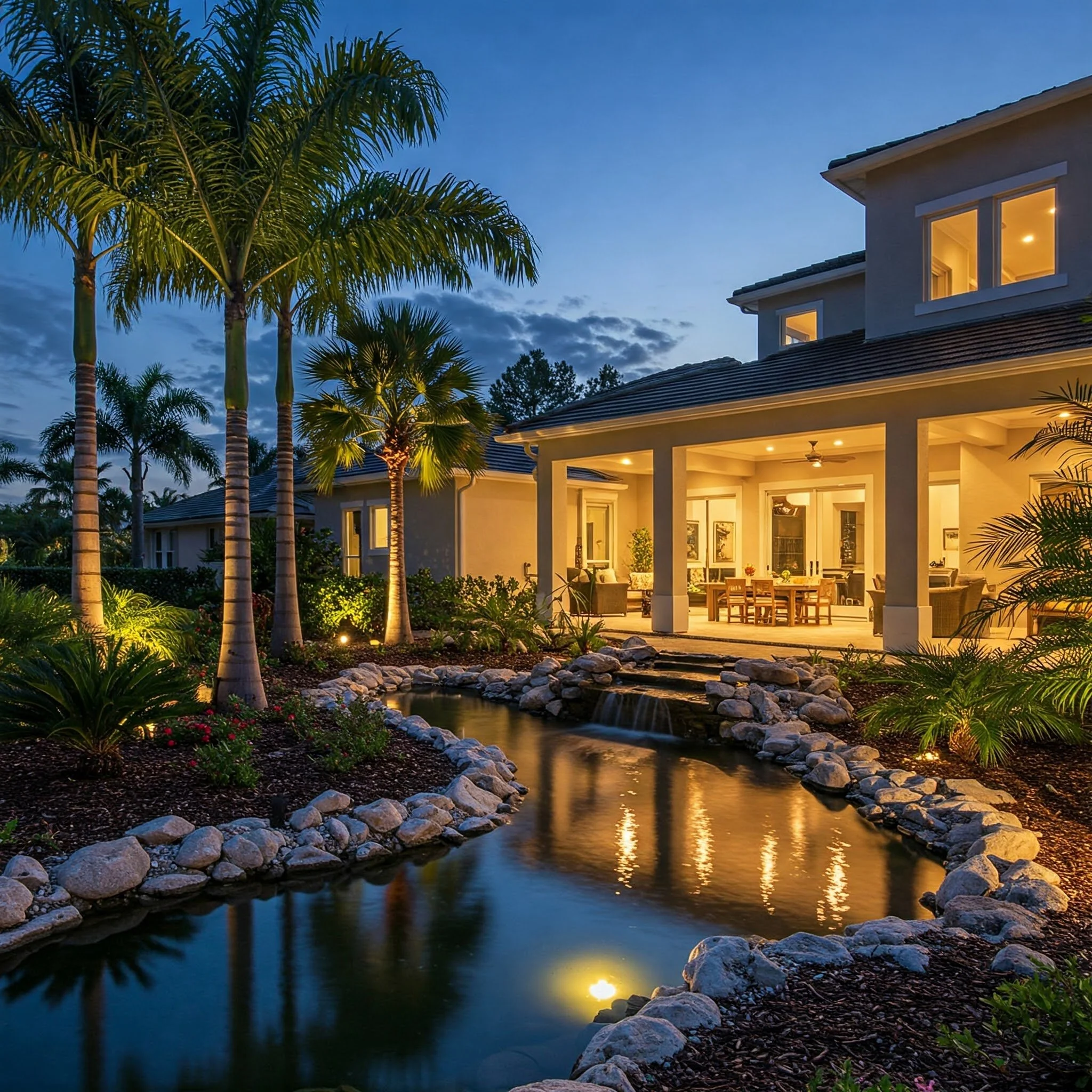 landscape lighting installation at home with pond in florida