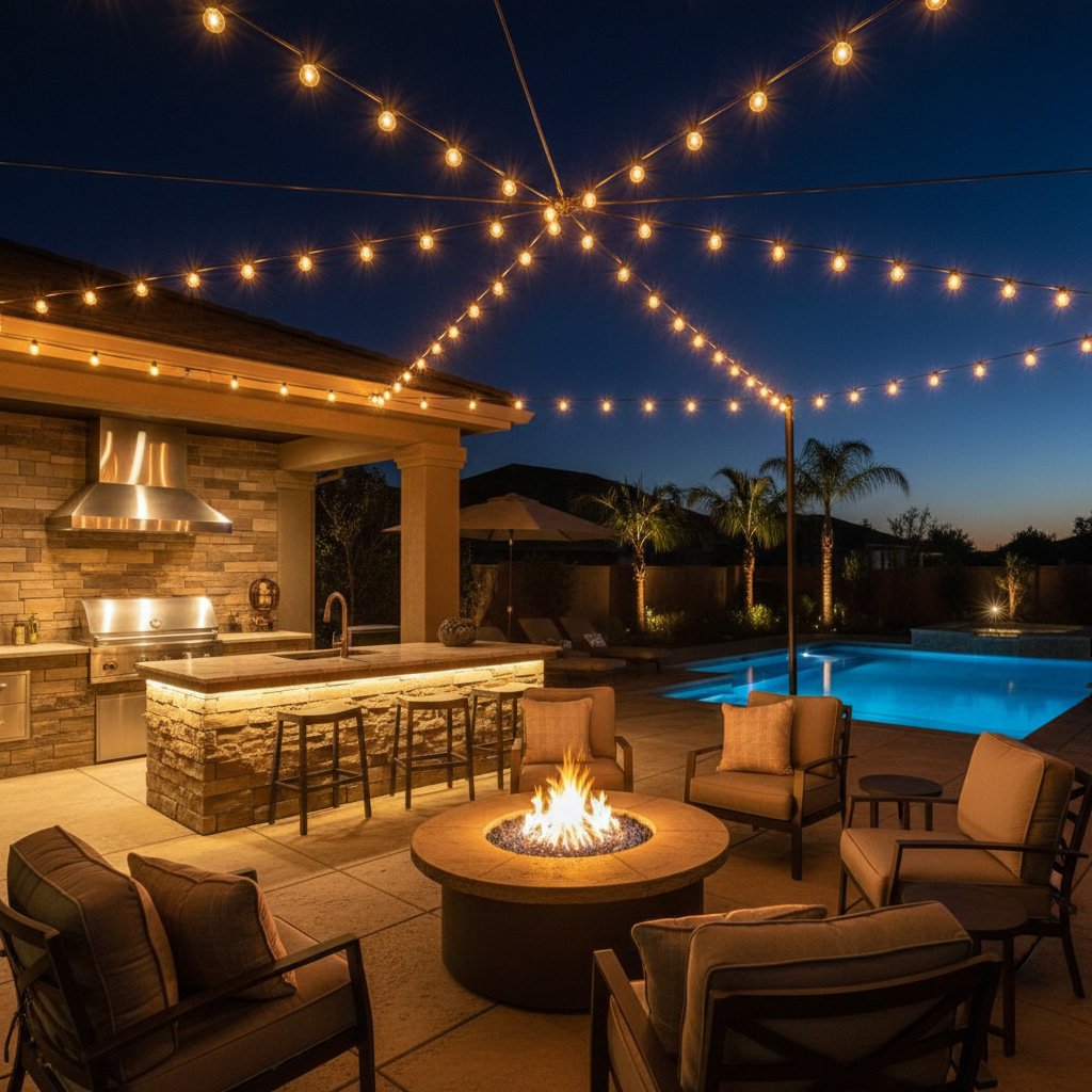 Outdoor patio at night with string lights overhead, a fire pit with chairs around, a swimming pool, and a built-in outdoor kitchen area.