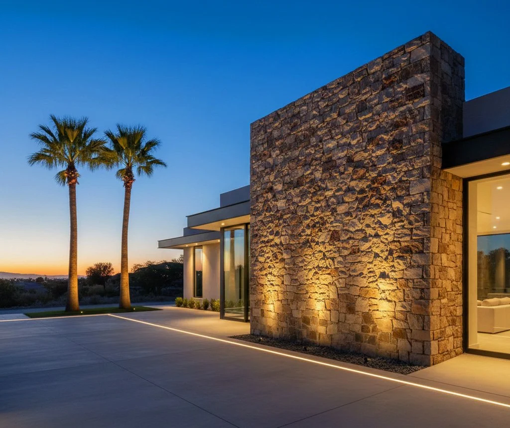 Modern house exterior at dusk with stone wall lighting, two palm trees, and a clear evening sky. Landscape lighting installation