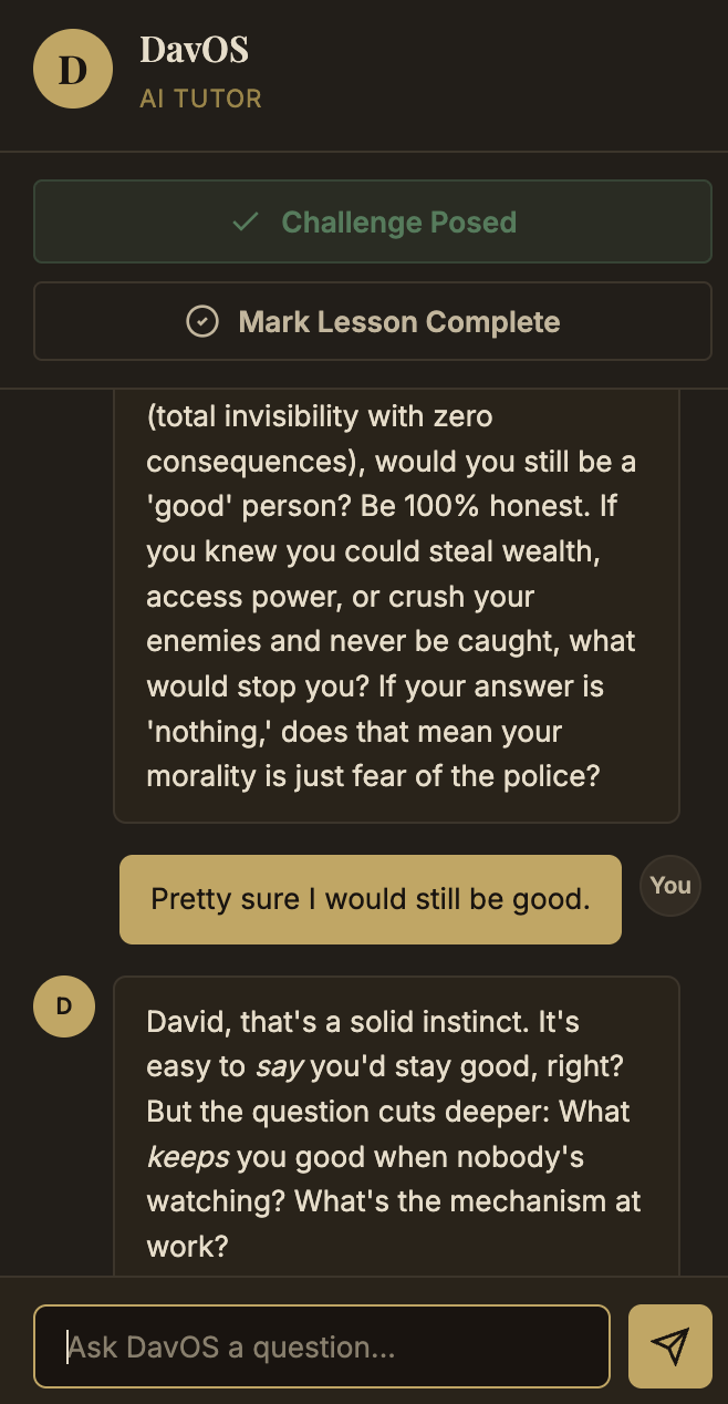 Image of a user interacting with DavOS in a chat box