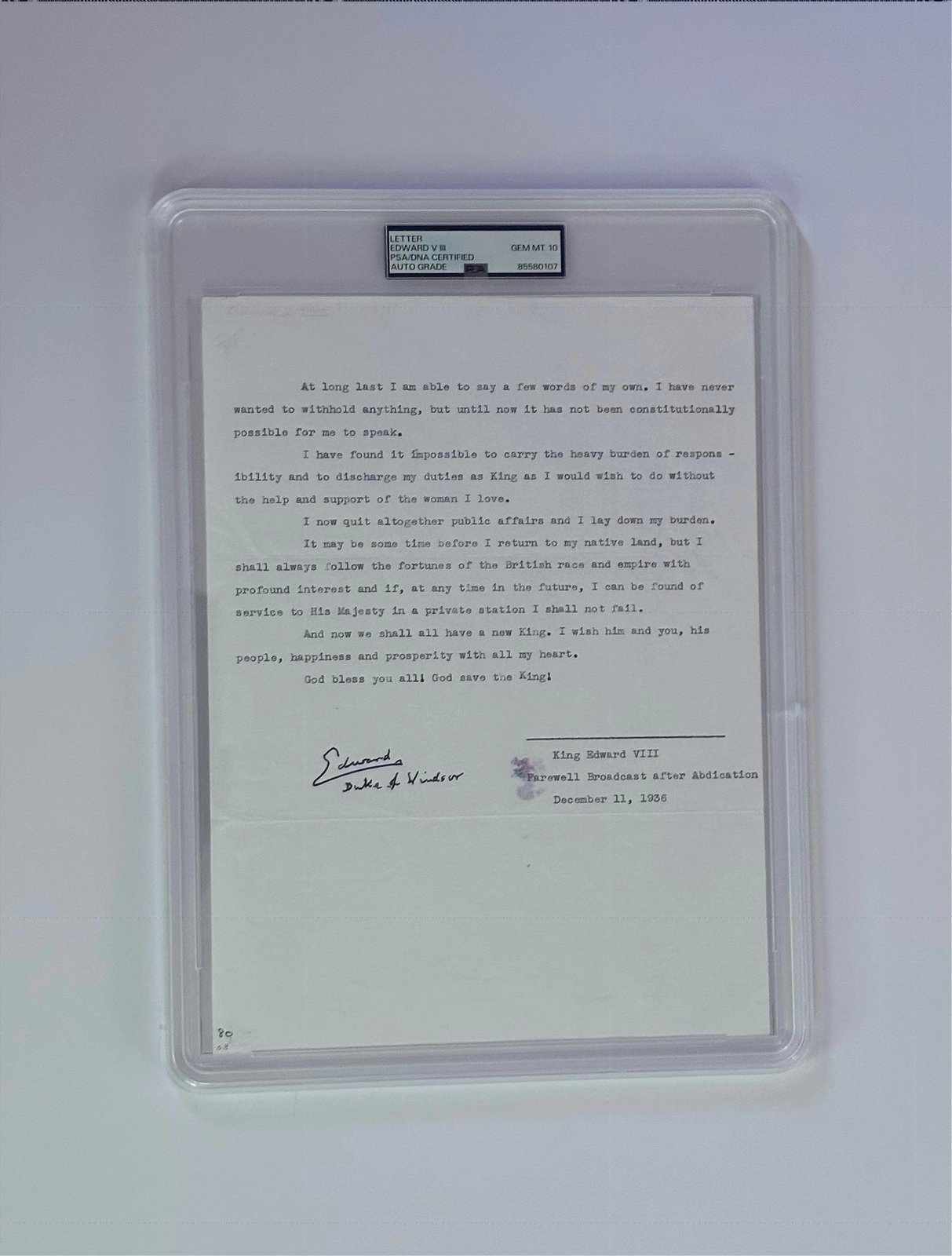 Edward abdication speech signed full view in case.jpg