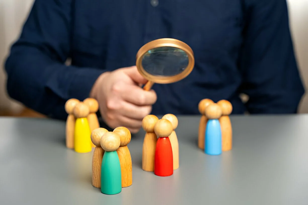 Person holding a magnifying glass over wooden figurines with colored shirts on a gray table.