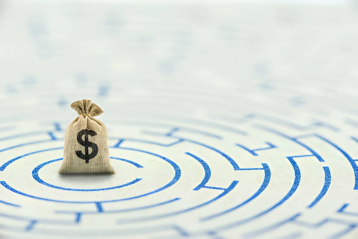 A small cloth bag with a dollar sign printed on it, placed on a target or maze-like diagram with blue lines.