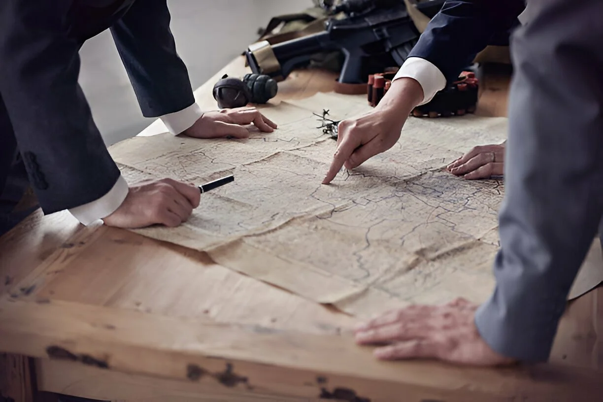 People in business attire are gathered around a wooden table examining an old, detailed map with various markings and lines. Several items, including binoculars, a gun, and bullets, are on the table.