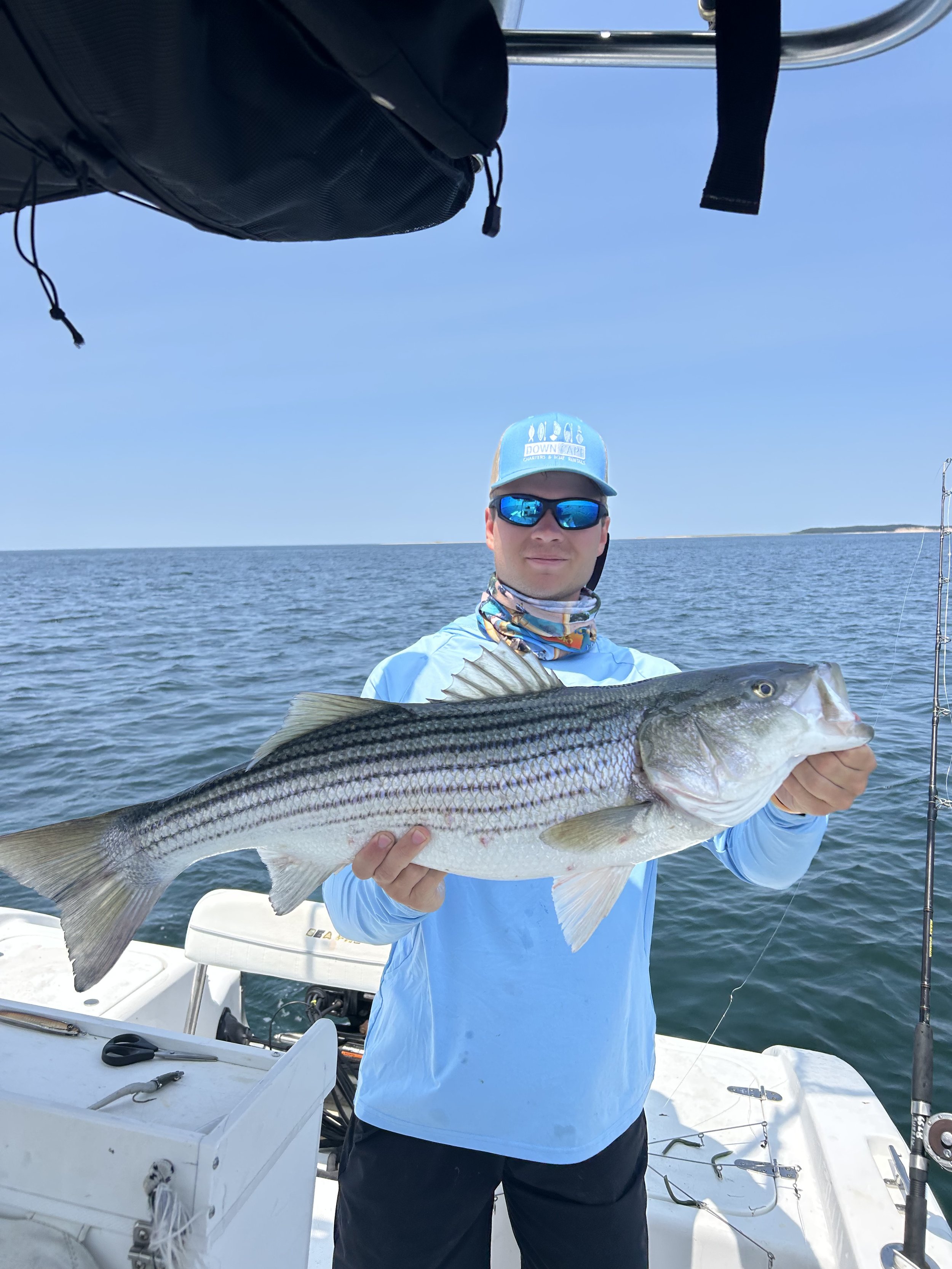 Man in sunglasses and light blue jacket holding a large striped bass fish on a boat in the ocean under a clear blue sky.