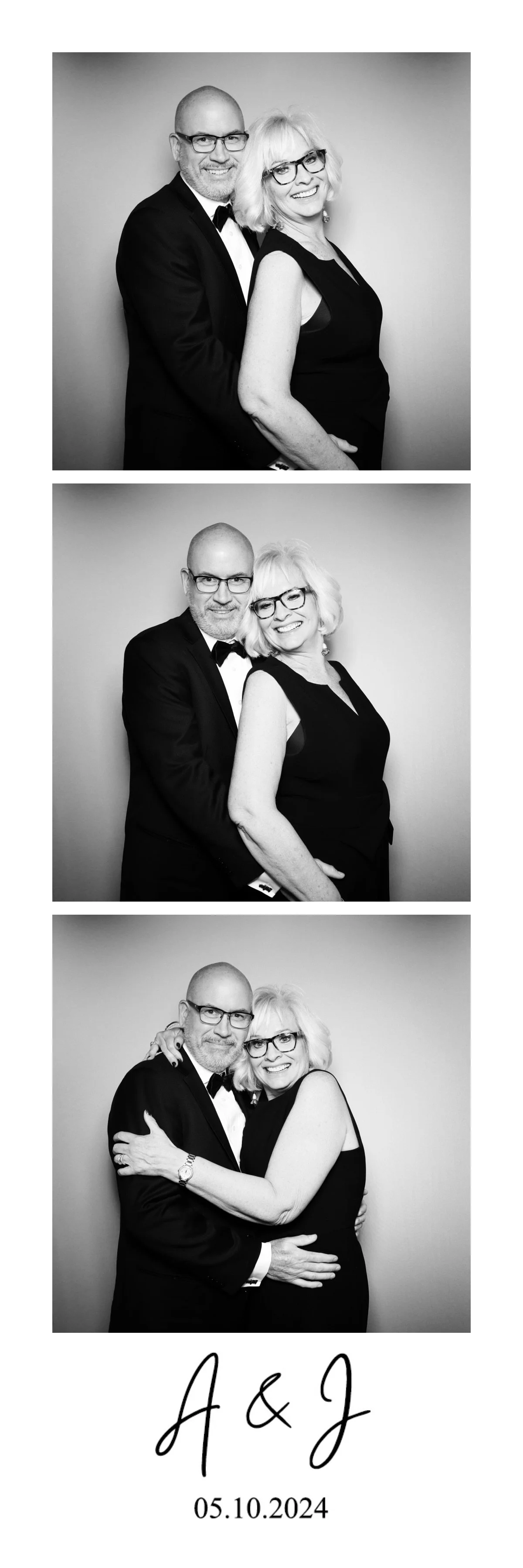 Three black-and-white photo booth pictures of a smiling middle-aged couple in formal attire, with the man wearing glasses and a tuxedo and the woman with glasses and a sleeveless dress. The first image shows them standing close, the second with the w