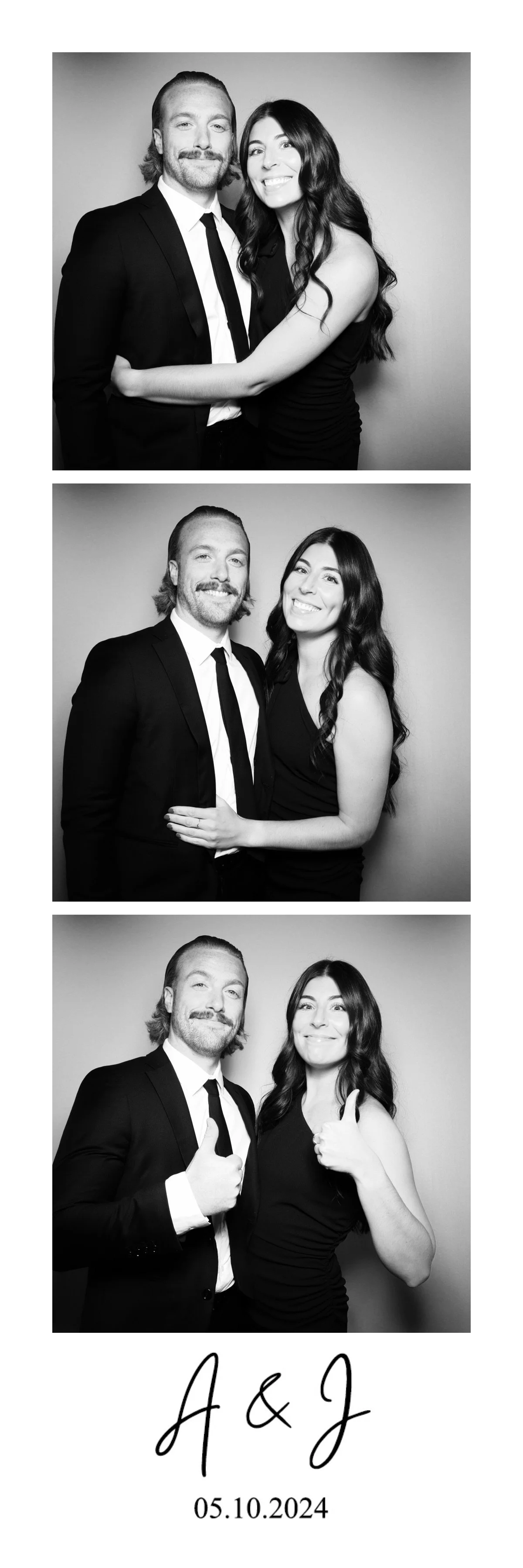 Three black and white photo booth images of a couple, a man in a suit and a woman in a sleeveless dress, posing together. The top image shows them hugging, the middle shows them standing close with the woman’s arm around the man, and the bottom shows