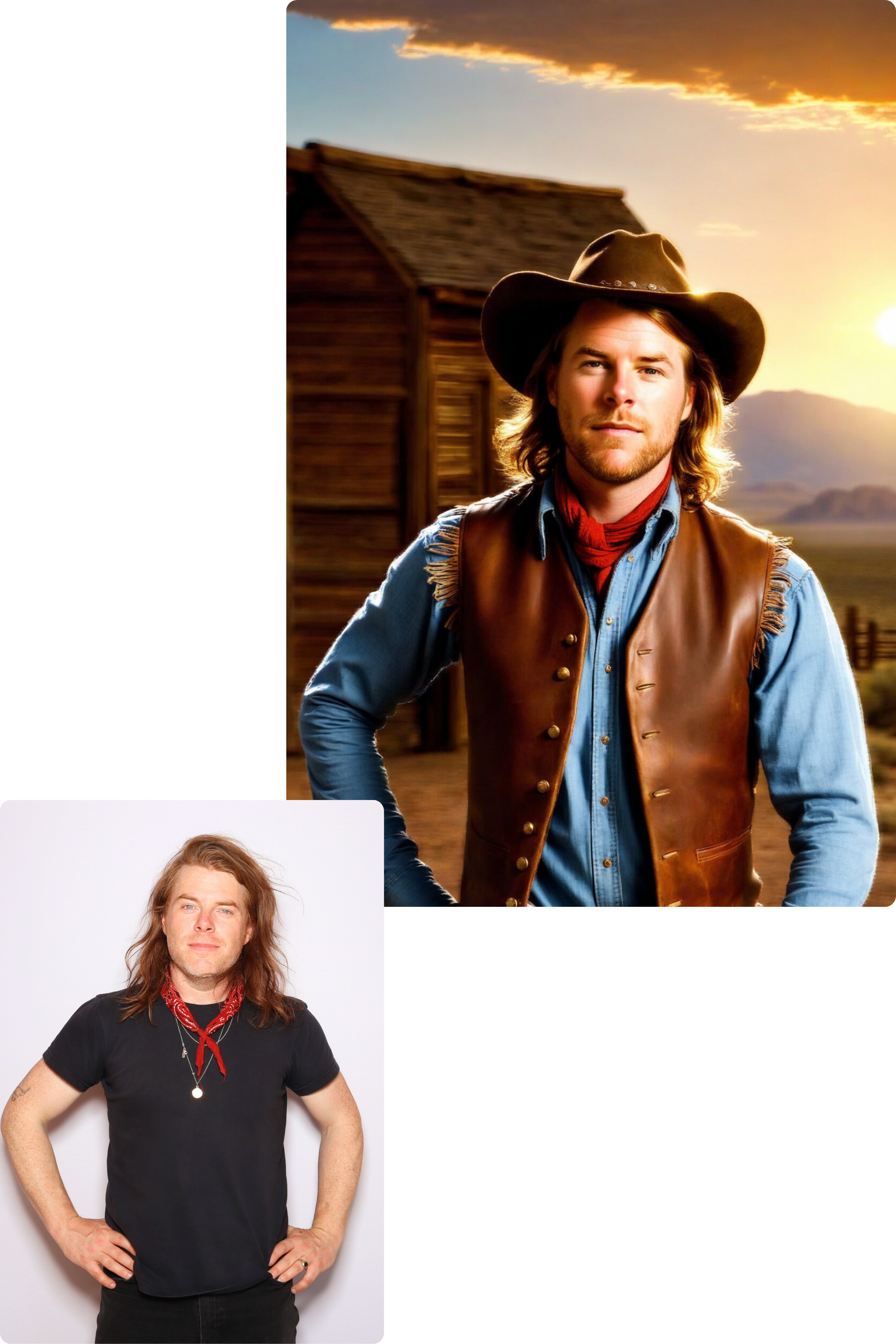 A composite image showing a man dressed as a cowboy with long hair, wearing a cowboy hat, denim shirt, and leather vest, standing outdoors at sunset with mountains in the background, and a second image of a man with long hair, wearing a black t-shirt, red bandana, and posing indoors against a white wall.