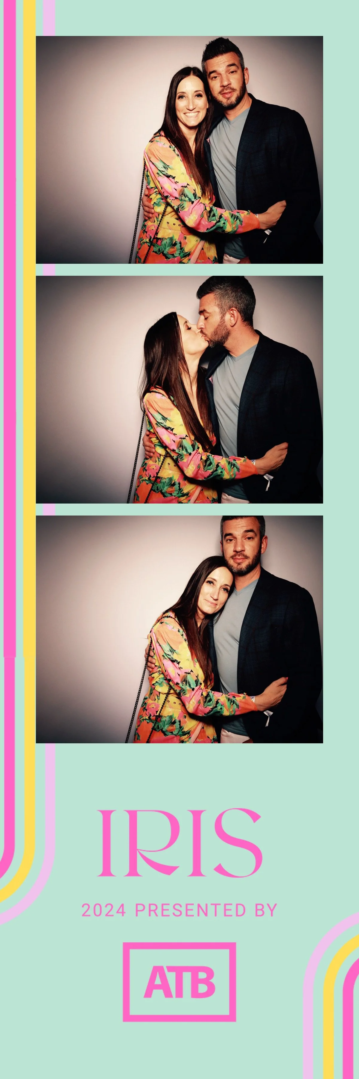 Three photos of a couple, first smiling, second kissing, third looking at camera, with a pastel green background. Text reads "IRIS 2024 Presented by ATB".