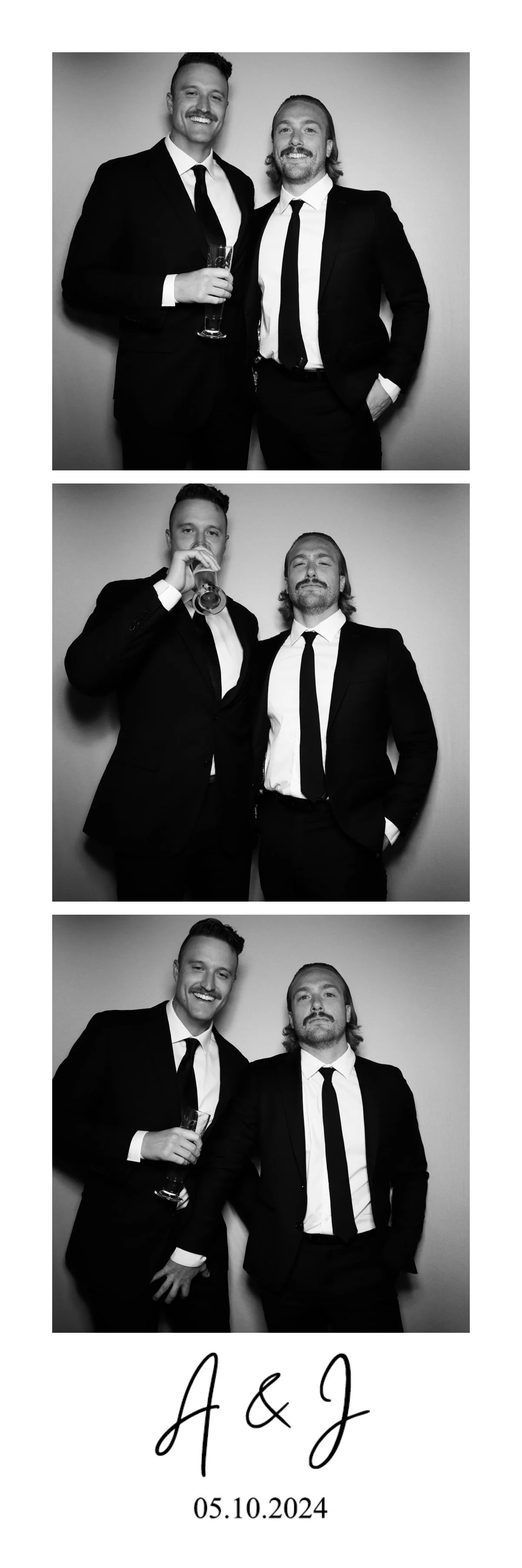 Three black and white photos of two men dressed in suits at a formal event with the initials A & J and the date 05.10.2024 written in a stylish font at the bottom.