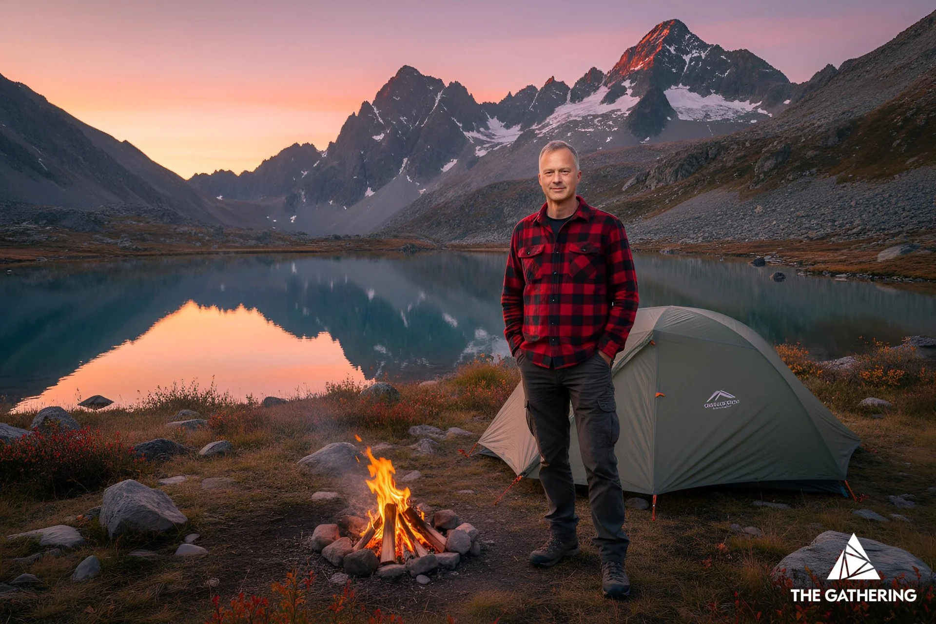 A man standing next to a campfire on a grassy area by a lake, with mountains in the background and a colorful sunset sky.