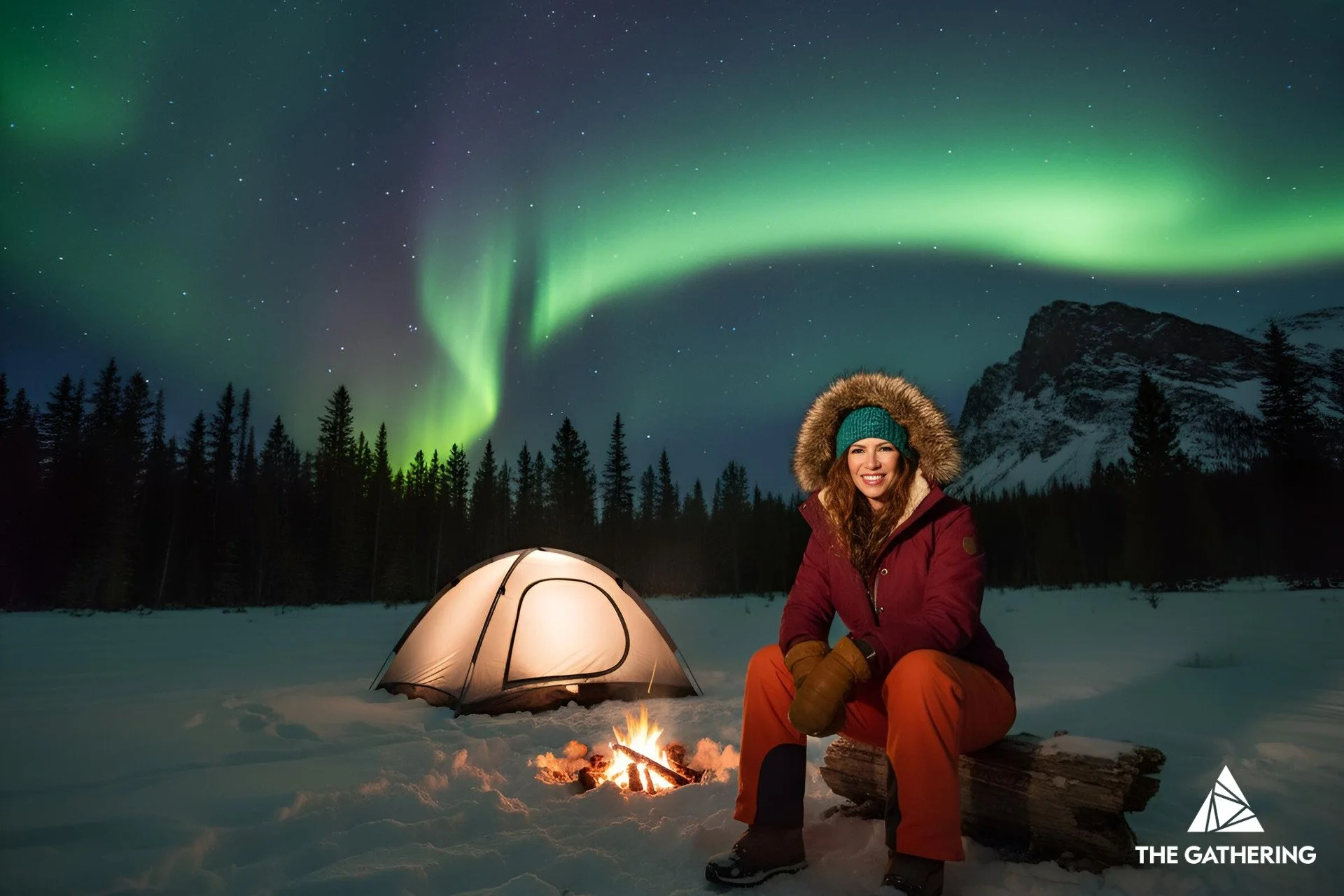 An AI generated image from a photo booth shows a woman sitting on a wooden log near a campfire in a snowy landscape under the northern lights, with a tent and snow-covered mountain in the background.