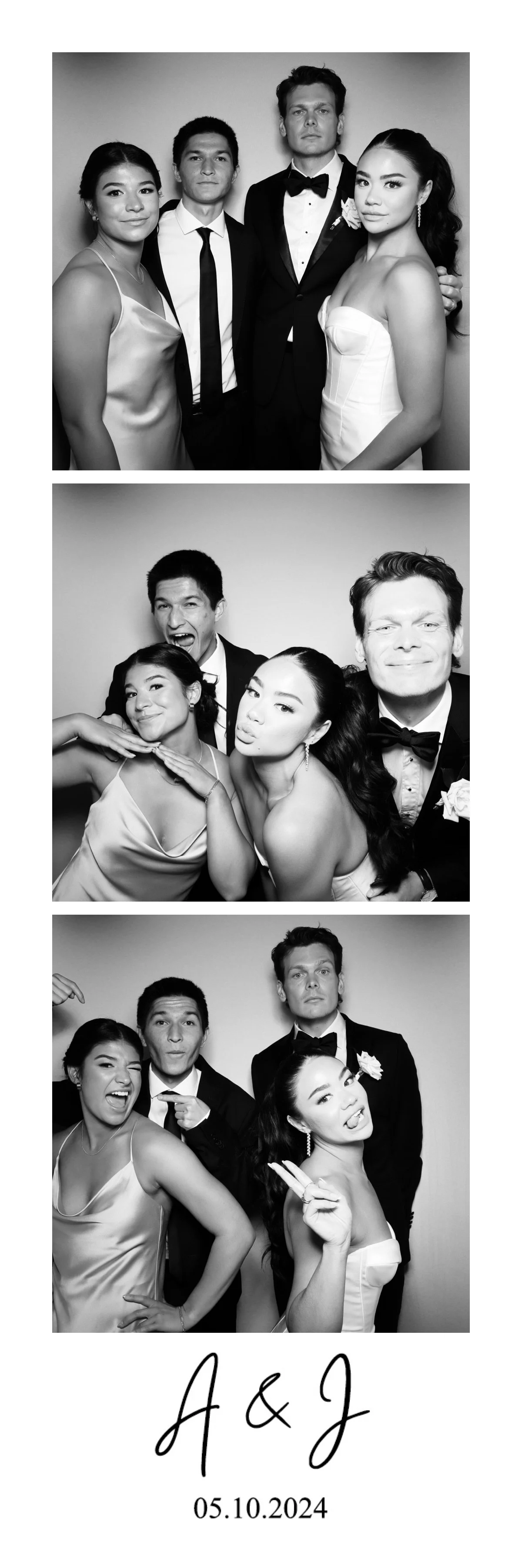 A black and white photo booth strip featuring three different pictures of four young adults dressed in formal attire. The top photo shows a man and woman in the middle, with a man and woman on either side. The middle photo has playful, expressive pos
