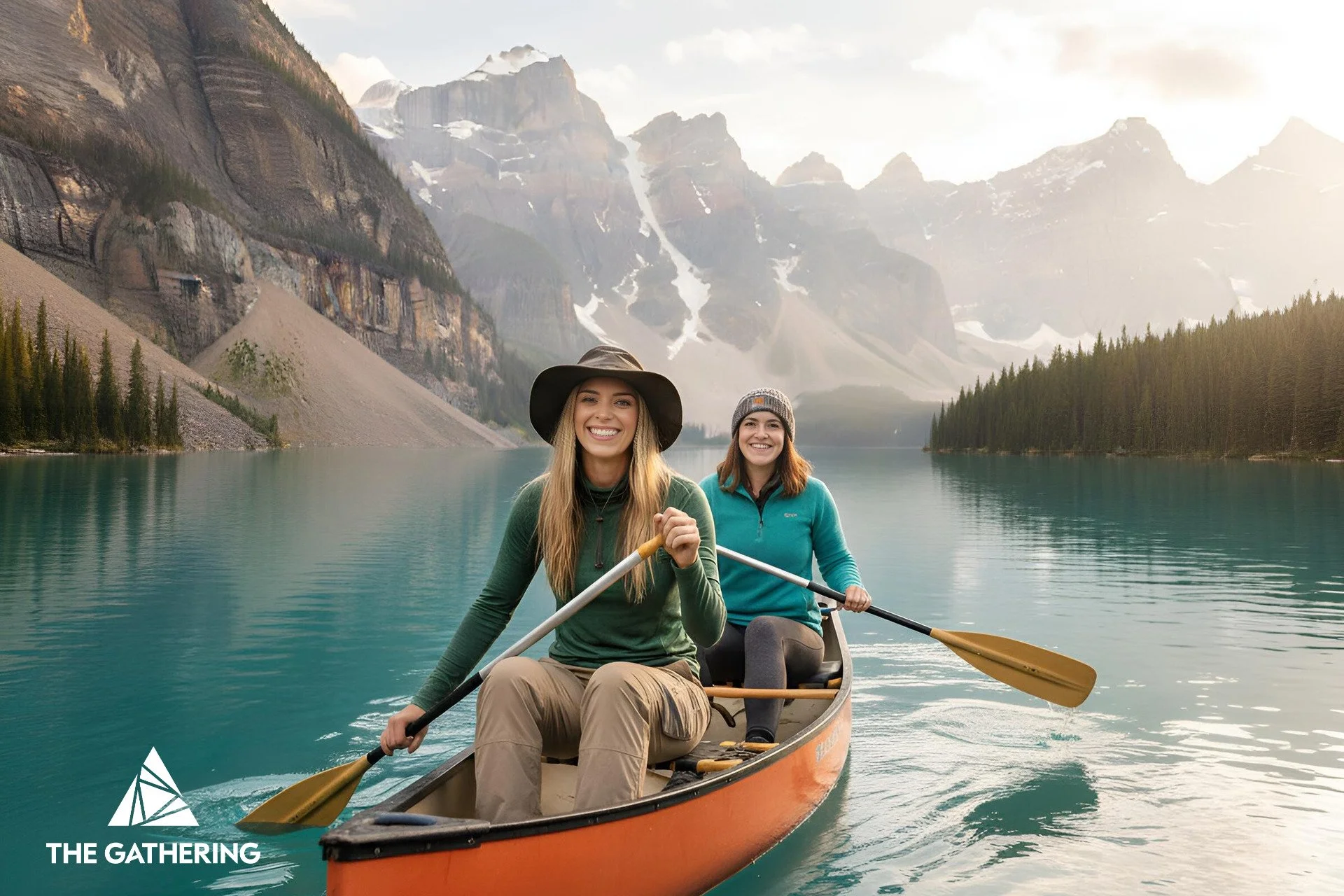 Two women smiling and canoeing on a tranquil lake surrounded by trees and tall mountains with snow patches, under a partly cloudy sky.