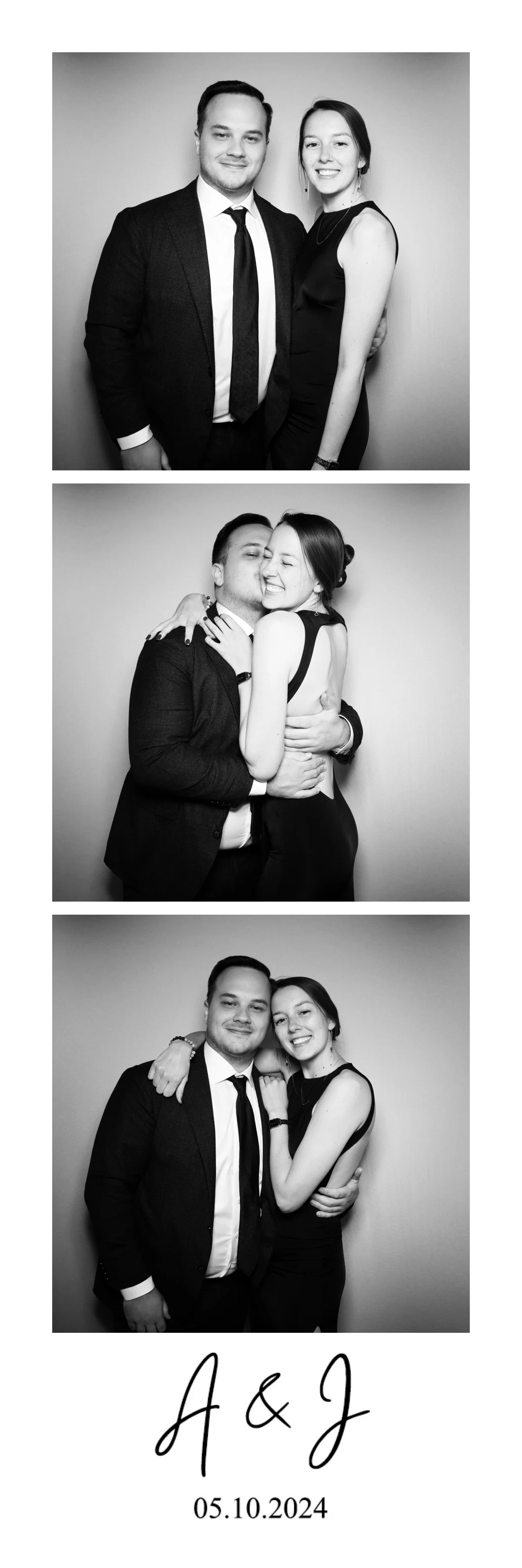 A three-photo black-and-white photo strip of a couple in formal attire, with the bottom section showing initials 'A & J' and a date '05.10.2024'.