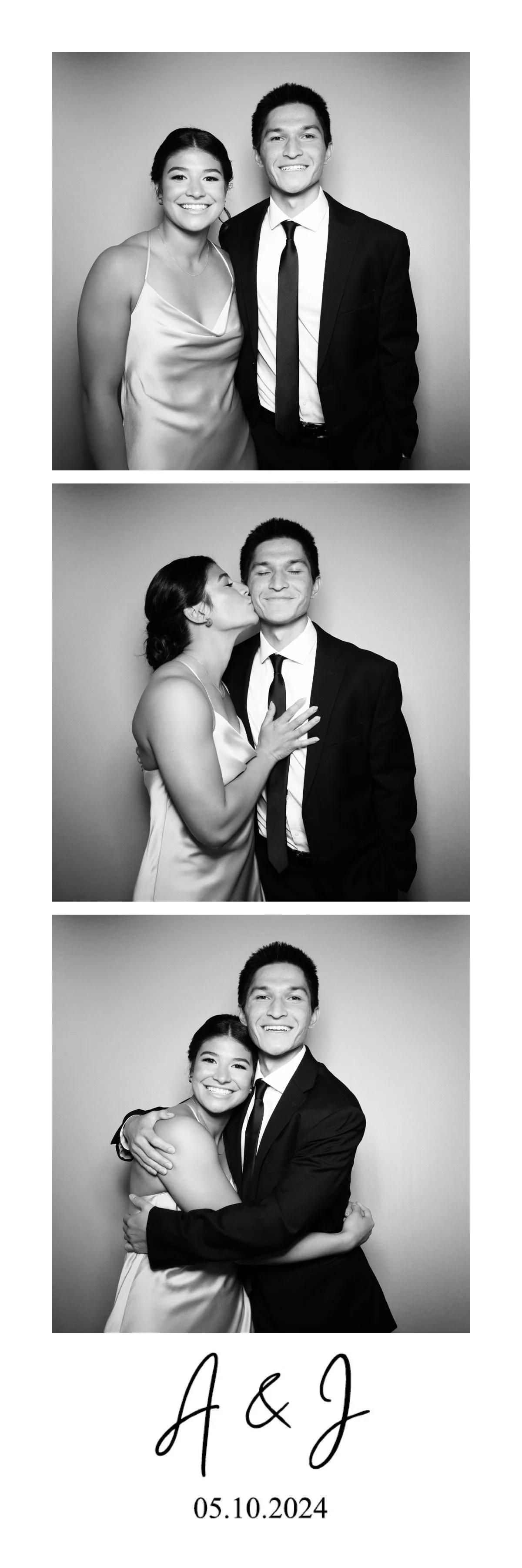 Three black and white photos of a young couple dressed in formal attire. The first photo shows them smiling at the camera, the second shows the woman kissing the man on the cheek, and the third shows them hugging. Text at the bottom reads "A & J" wit
