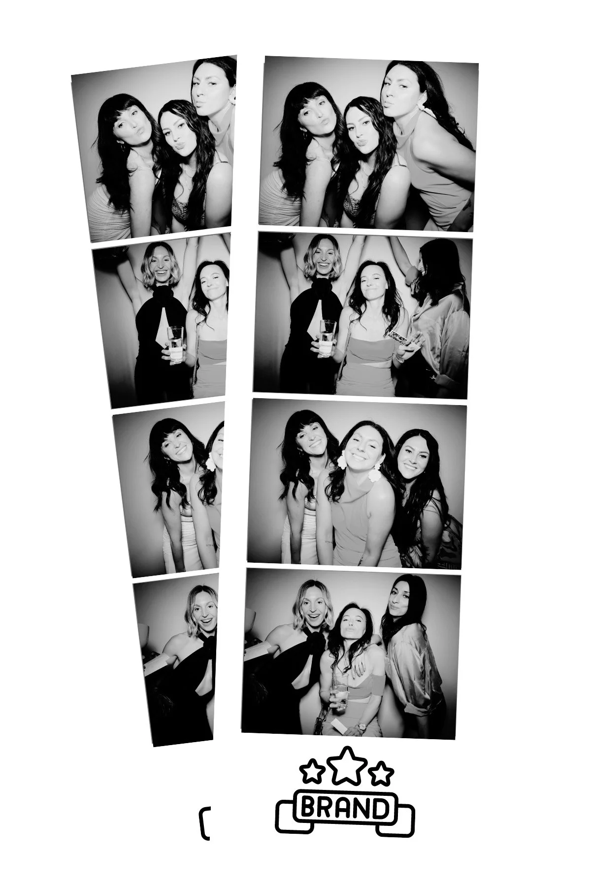 A photo booth strip with four black-and-white pictures of six women at a social event. The women are smiling, posing, and holding drinks.