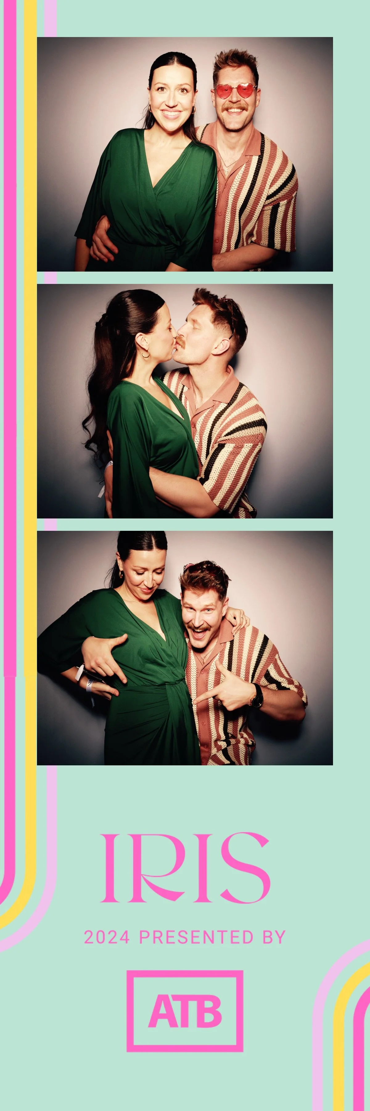 Three photos of a smiling woman in a green dress and a man in striped shirt and pink sunglasses, showing close-up moments and playful poses, including kissing and pointing at her pregnant belly, with the text "IRIS 2024 Presented by ATB" at the botto