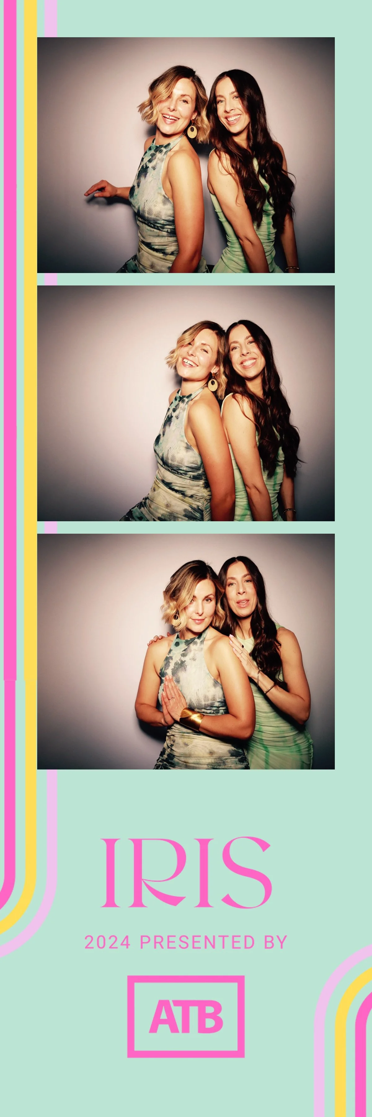 Three photos of two women posing together against a neutral background, with the bottom section displaying event information for IRIS 2024, presented by ATB.