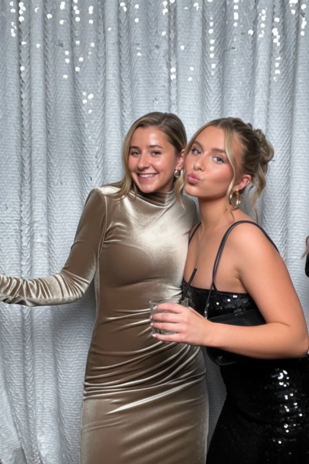 Two young women smiling and posing in front of a silver curtain at a party or event. One woman is wearing a gold, long-sleeved, fitted dress, and the other is wearing a black, spaghetti strap sequin dress and holding a drink.