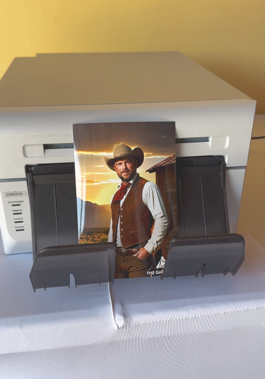 Photograph of a book cover featuring a man in cowboy attire, including a cowboy hat, vest, and neckerchief, standing outdoors at sunset with mountains in the background.