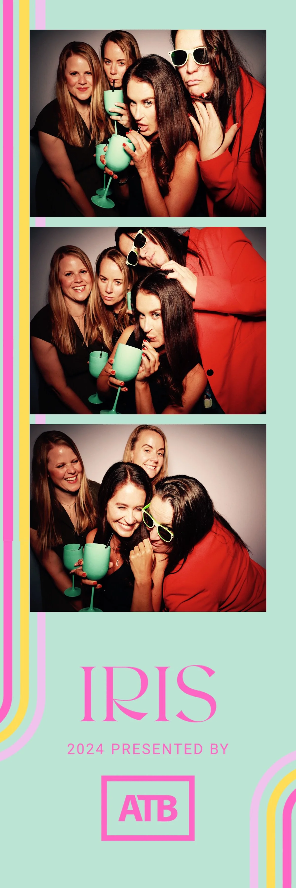 Group of four women having fun with props and drinks in photobooth, at Iris 2024 event presented by ATB.
