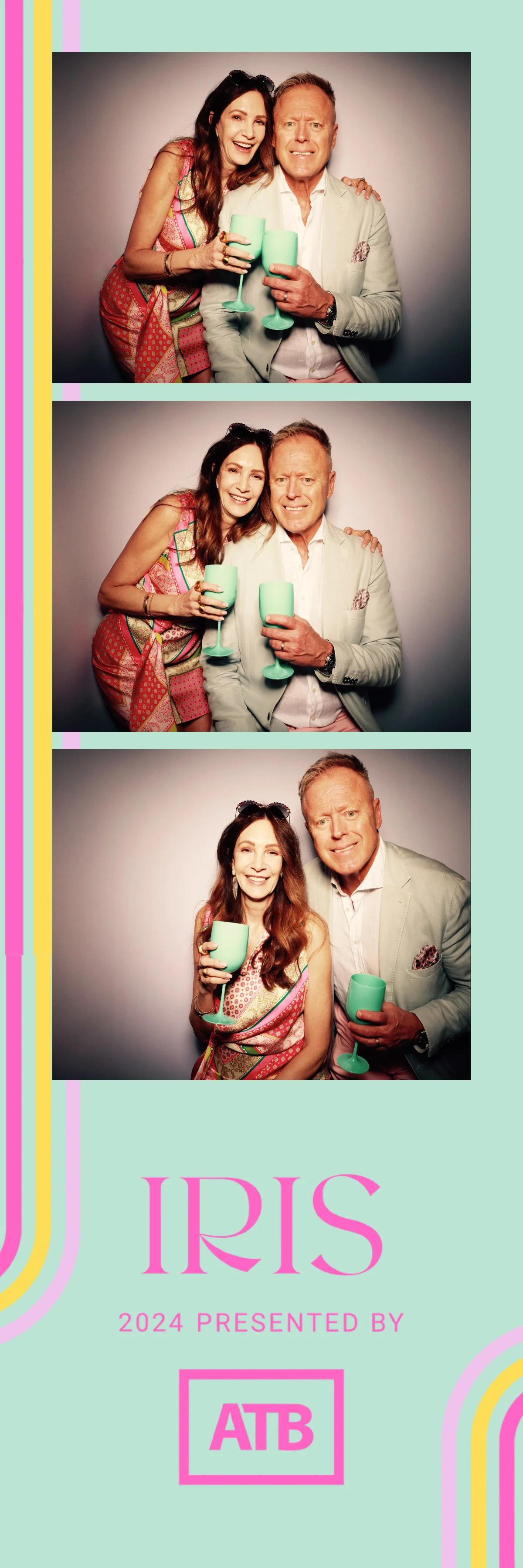 Photo booth strip showing three pictures of a woman and a man holding teal-colored glasses, with the woman wearing a colorful dress and the man in a light-colored suit. The third picture also includes sunglasses on the woman's head. They are smiling 