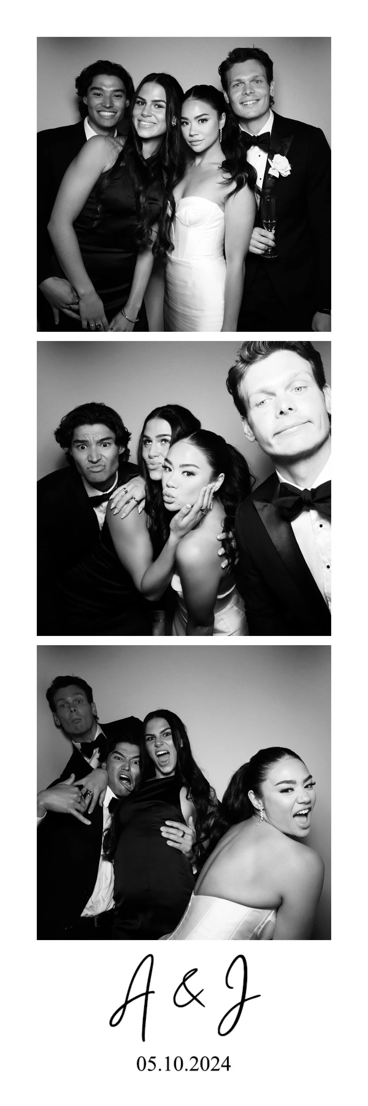 Black and white photo strip with three images of four young adults at a formal event. The first image shows two women and two men smiling, with one of the men holding a glass of champagne. The second image has the group making playful faces, with som