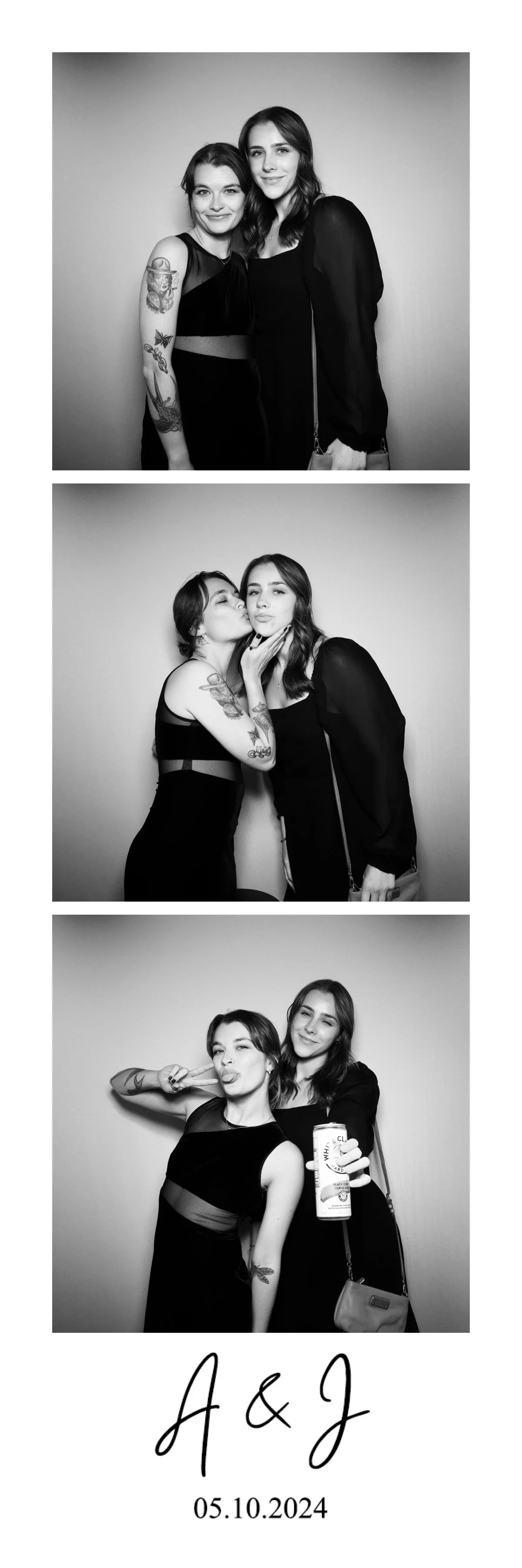 Three black-and-white photo booth pictures of two young women with tattoos, dressed in black outfits, making different playful poses, with the initials 'A & J' and the date '05.10.2024' written below.