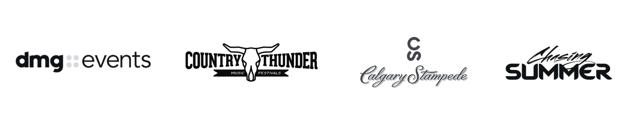 Logos of DMG Events, Country Thunder, Calgary Stampede, and Calgary Summer