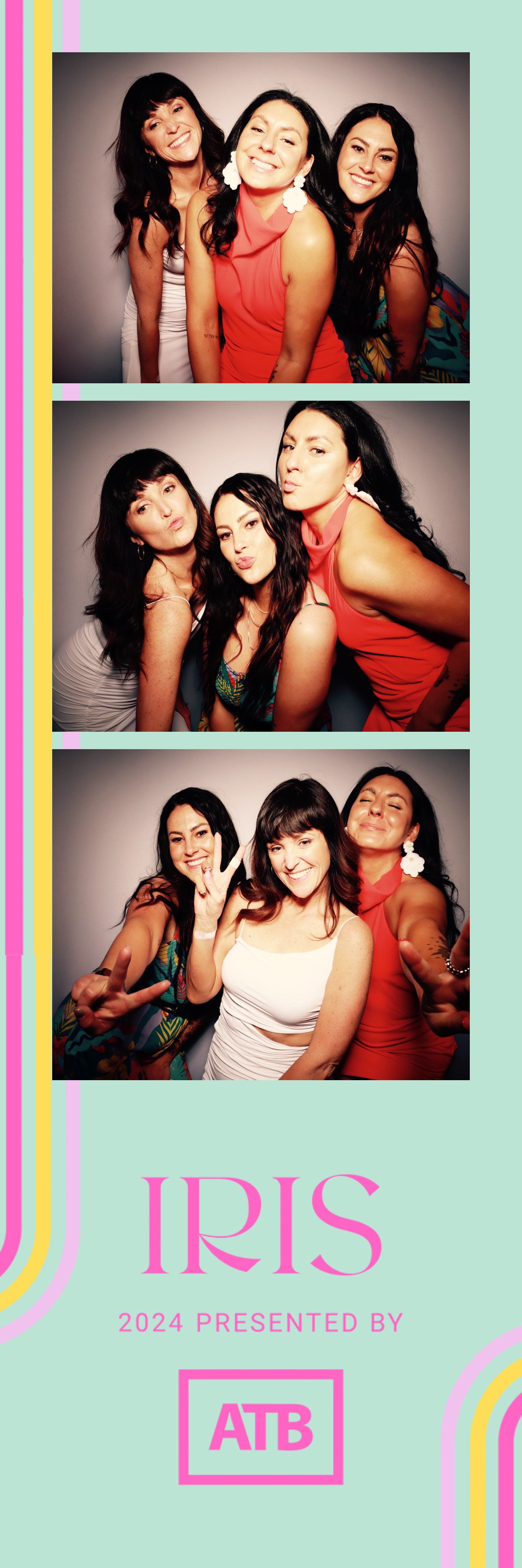 Three photo booth pictures of five women posing and having fun, with the event title "IRIS" and sponsor "ATB" displayed on a pastel background.