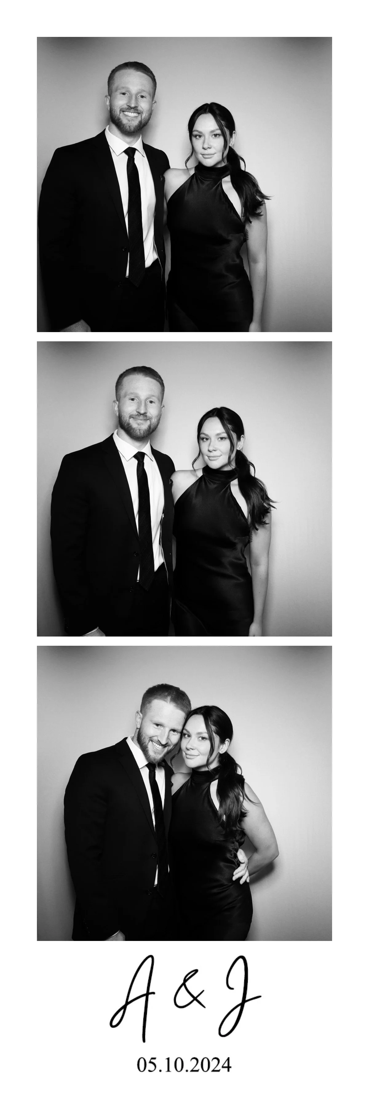 Strip of three black and white photos of a man and woman posing together. The man has short hair, a beard, and is wearing a tuxedo with a dark suit and tie. The woman has long dark hair and is wearing a sleeveless, high-neck satin dress. The bottom o