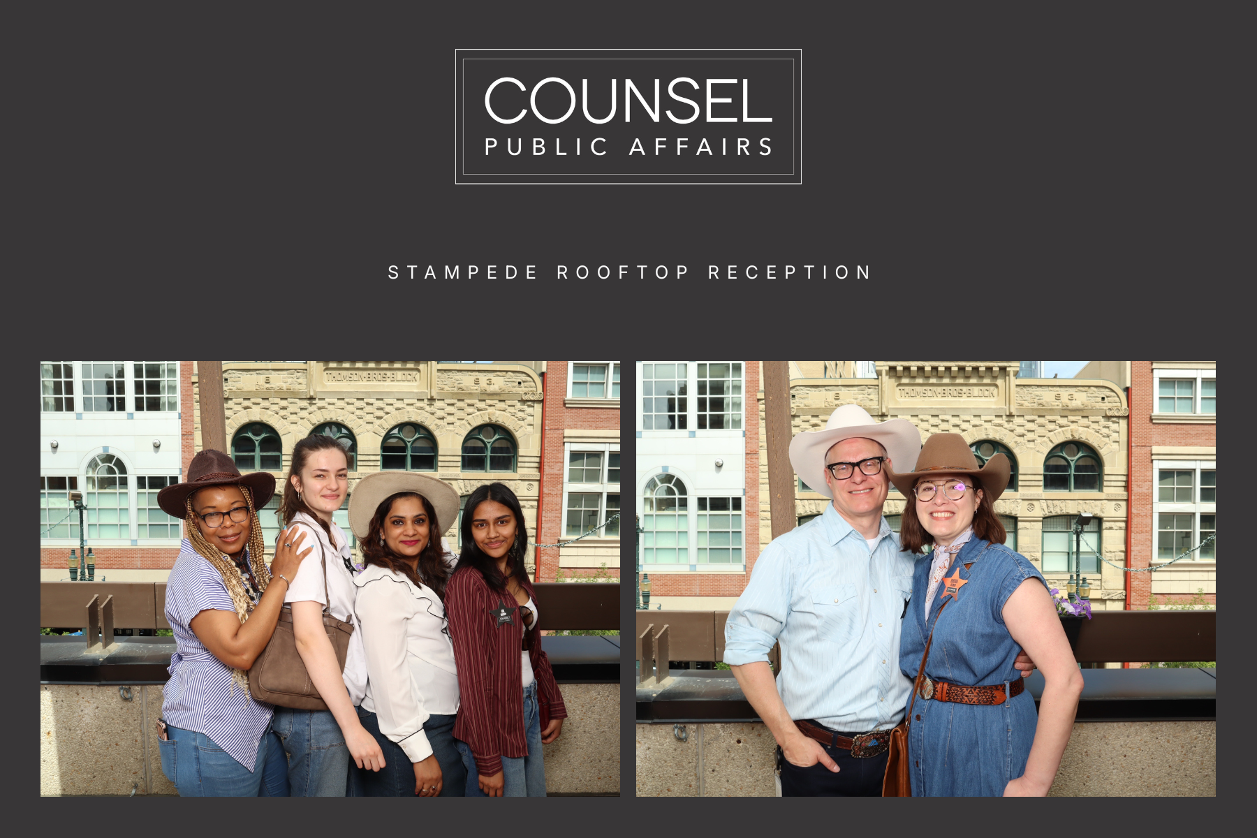 Two groups of people pose in front of a building during a rooftop event. The left group includes five women wearing hats, and the right group shows a man and woman, both wearing cowboy hats, smiling and standing close.