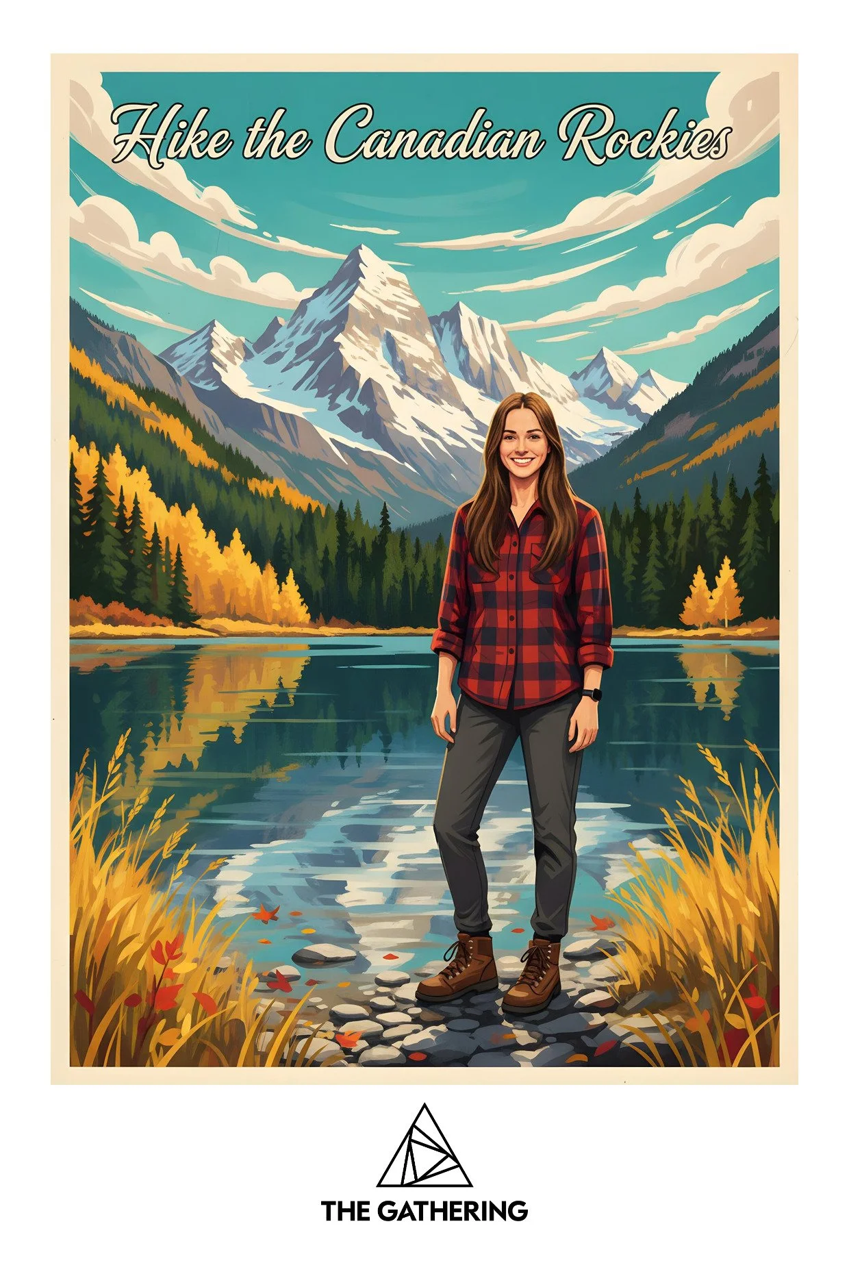 An illustrated poster of a smiling woman in hiking attire standing near a river with mountains in the background, with the text "Hike the Canadian Rockies" and a logo reading "The Gathering."