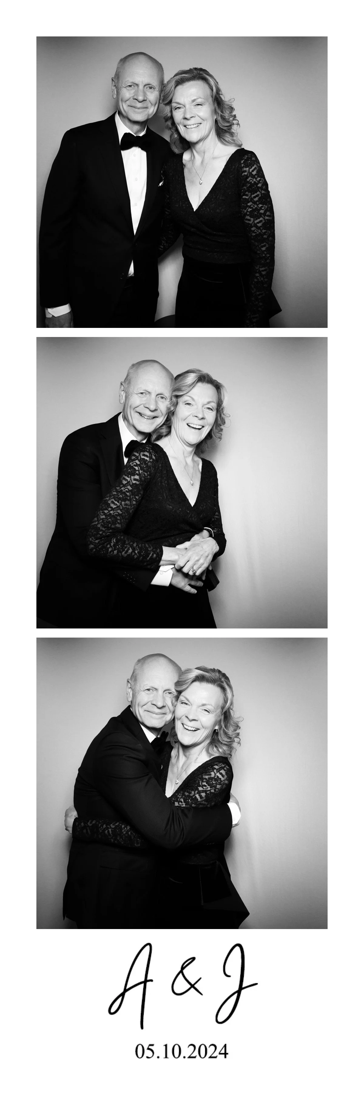 Three black-and-white photo booth pictures of a happy older man and woman in formal attire, smiling and hugging each other, with the initials "A & J" and the date "05.10.2024" written below.