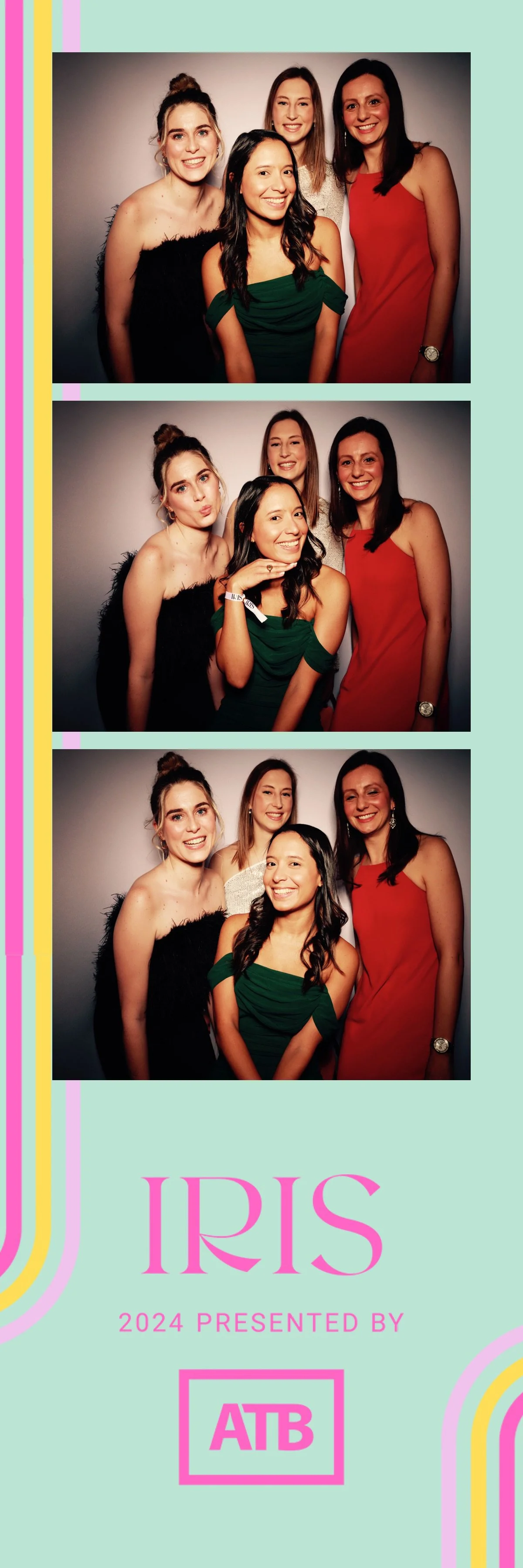 A photo booth strip showing three images of four women posing together at an event. The women are smiling, making playful expressions, and wearing stylish dresses. The background is plain, and the strip is decorated with pastel colors and the event n