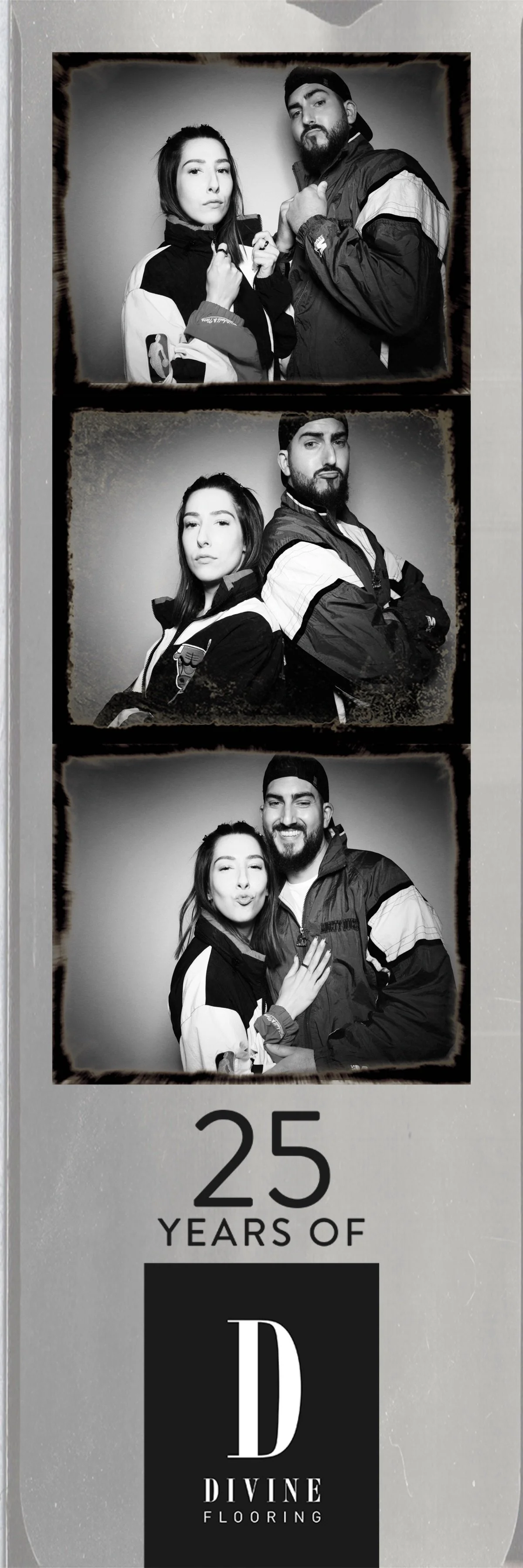 Black-and-white photo booth strip showing three pictures of a young woman and a young man, both wearing jackets. In the first photo, they stand close, with serious expressions. In the second photo, they stand back-to-back with confident expressions. 