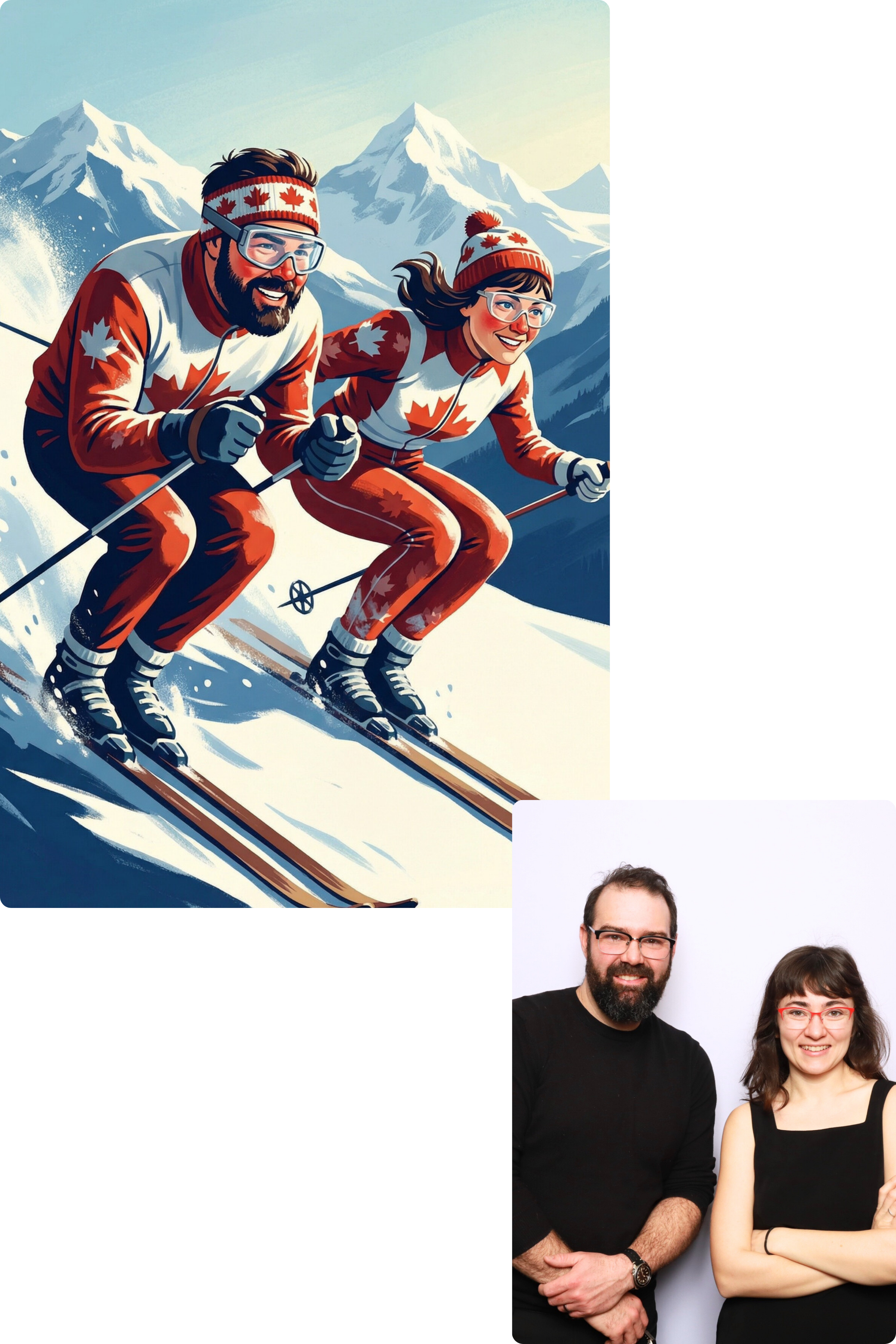 A digital illustration of two people skiing in the mountains, wearing matching red and white outfits with maple leaf symbols, and a photograph of a man and woman standing together against a white background.