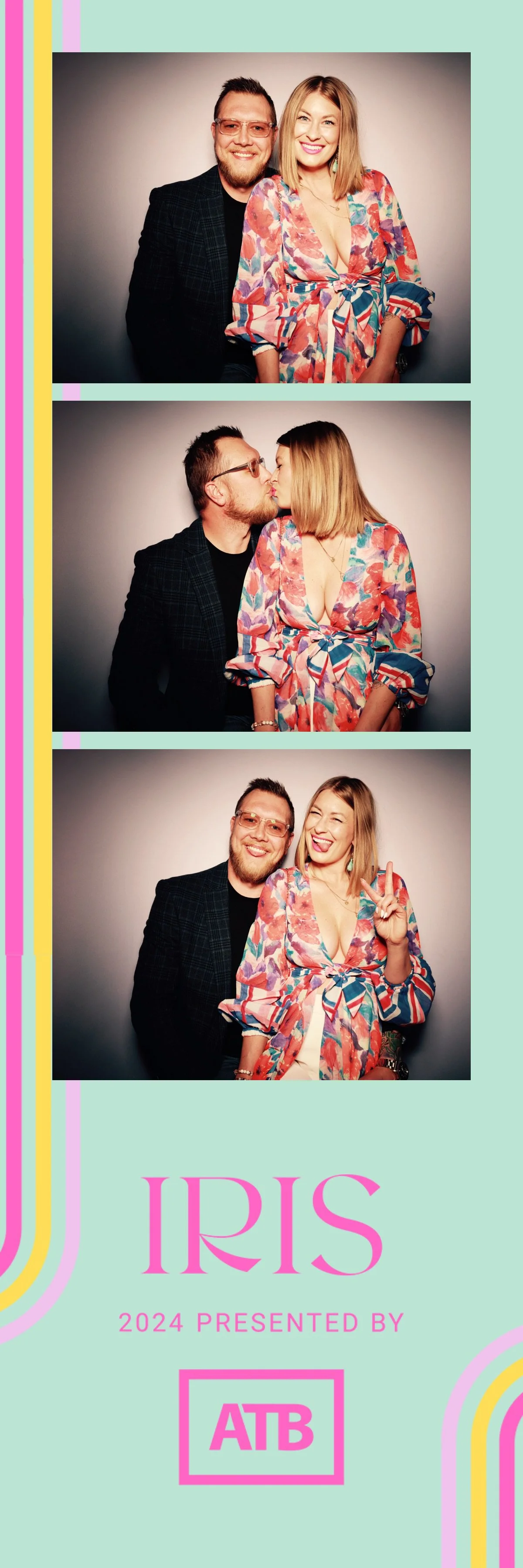 Photo booth strip with three images of a man and woman. The man has glasses and a beard, wearing a dark blazer. The woman has shoulder-length blonde hair and wears a colorful, patterned dress with a deep neckline. In the first image, they stand close