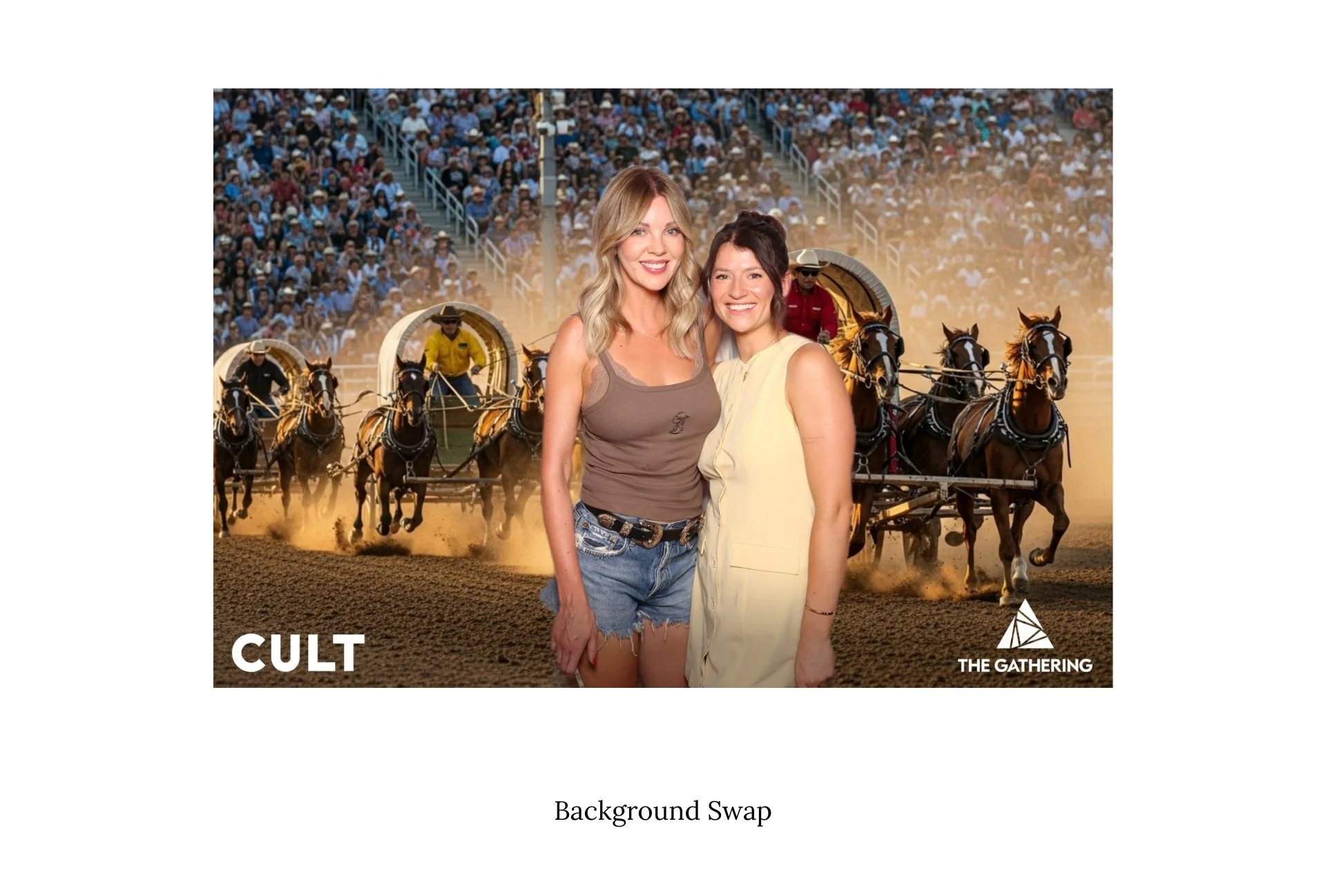 two guests post in a photo booth with an AI generated backdrop swap for Calgary Stampede