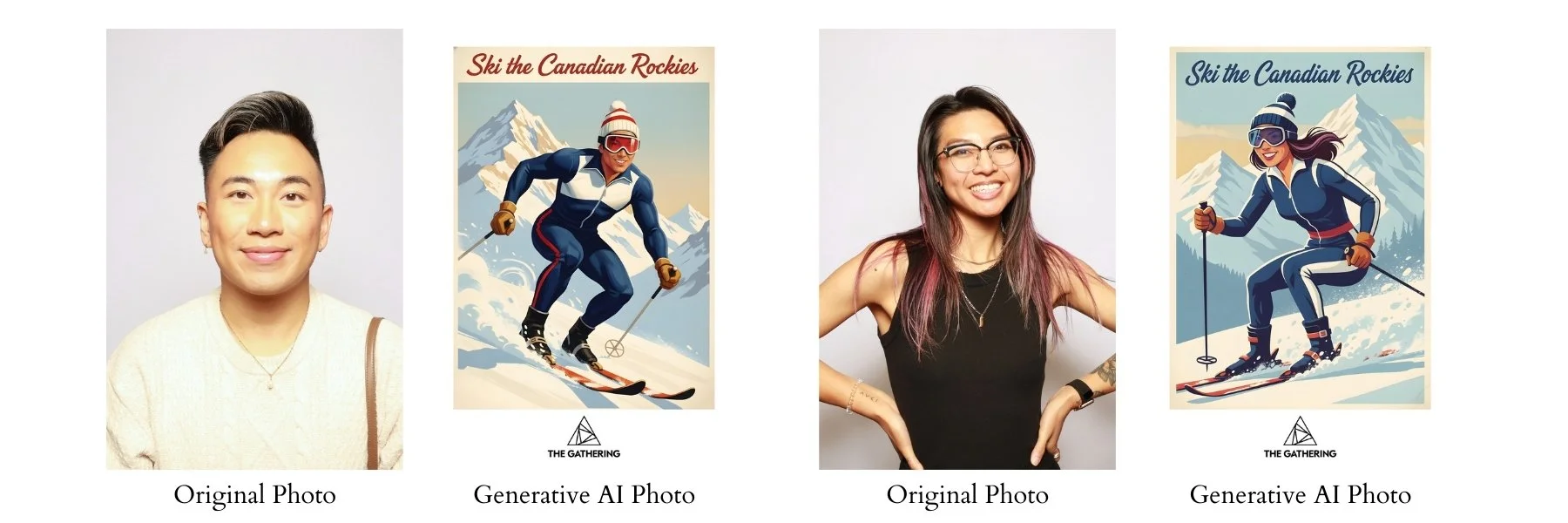 a generative AI photo booth inserts guests into stylized vintage ski posters