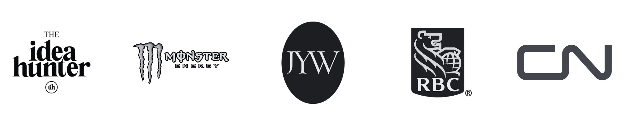 A row of corporate client and event partner logos featuring The Idea Hunter, Monster Energy, JYW Julianne Young Weddings, RBC Royal Bank of Canada, and CN Canadian National Railway.